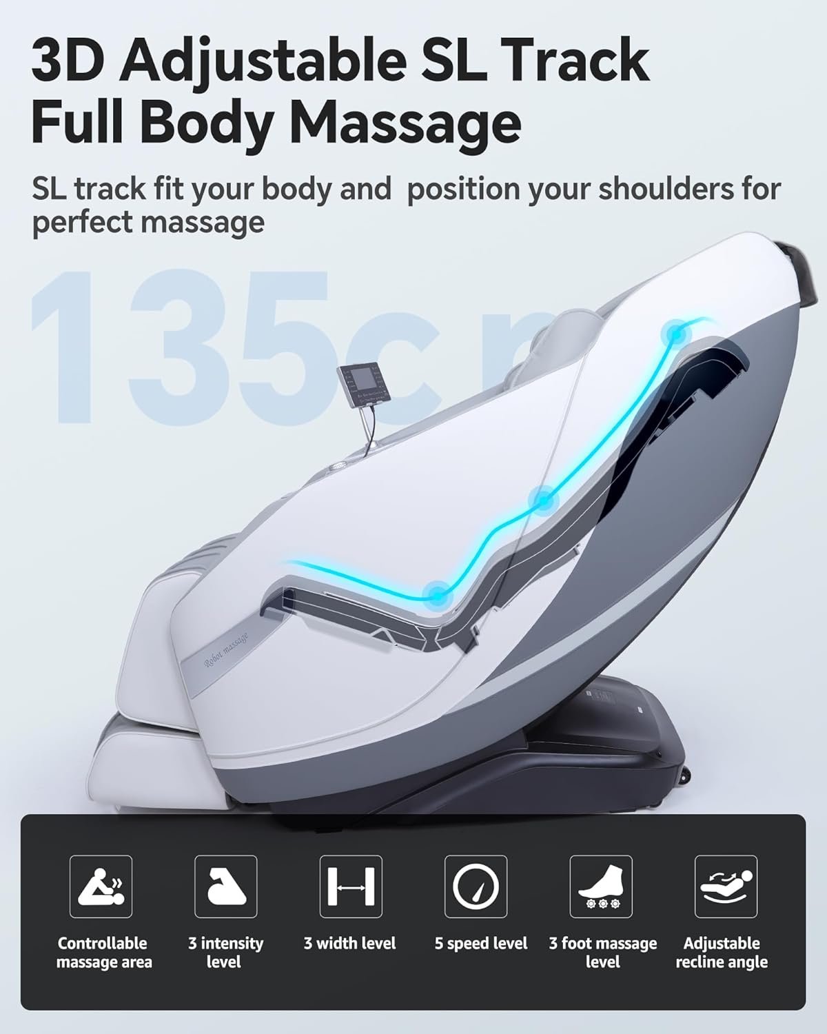 Stylish Massage Chair Full Body Zero Gravity Massage Chair Recliner SL Track 3D Shiatsu Stretch Massage Chair with Heat 12 AUTO Modes Screen Touch Upgraded Calf Raise 11cm Big Size White Gray