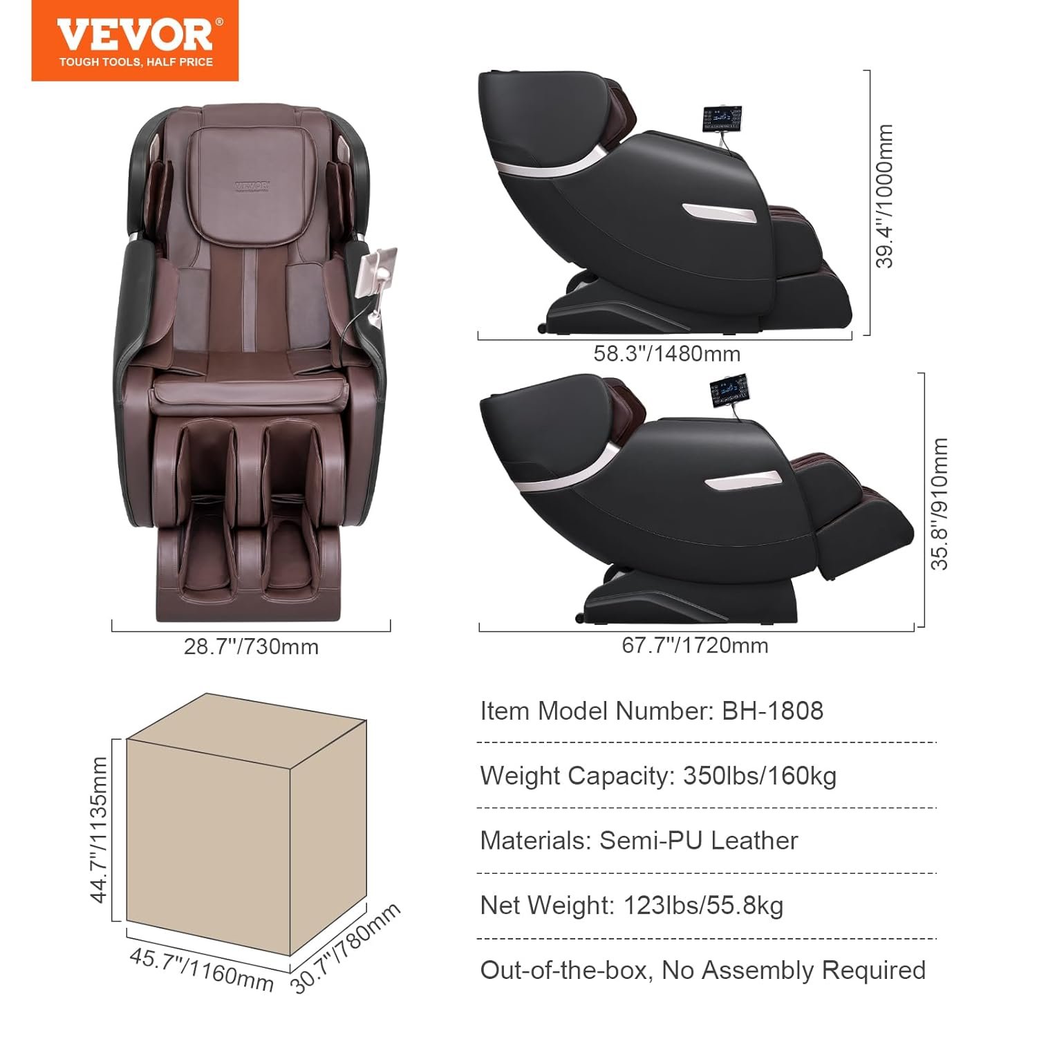 VEVOR Full Body Massage Chair, SL-Track Zero Gravity Massage Recliner, 4D Shiatsu, Body Scan, Heating, Bluetooth Speaker, Airbags for Living Room, Home
