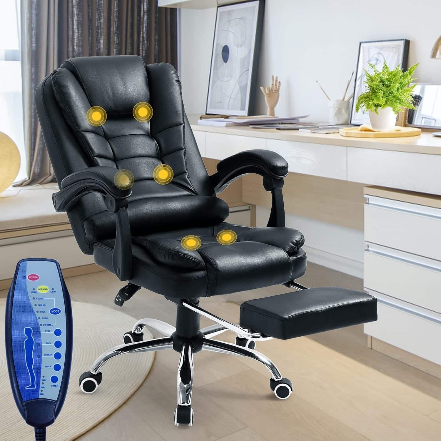 Vibration Massage Office Chair, Reclining Office Chair with Footrest, Home Desk Chair with Armrest, Adjustable Height/Tilt, 280lb Capacity, Black