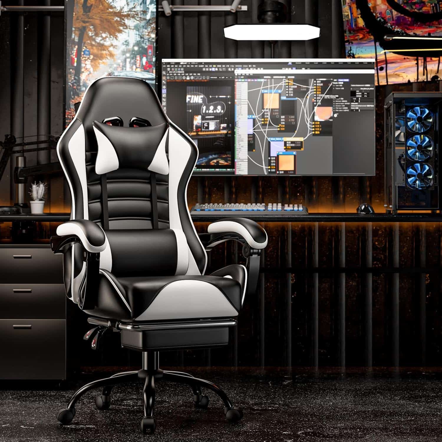 Video Game Chair for Adults, Massage Gaming Chair with Footrest, Adjustable Lumbar Pillow Gamer Chair for Kids, Comfortable Computer Chair with Leg Rest