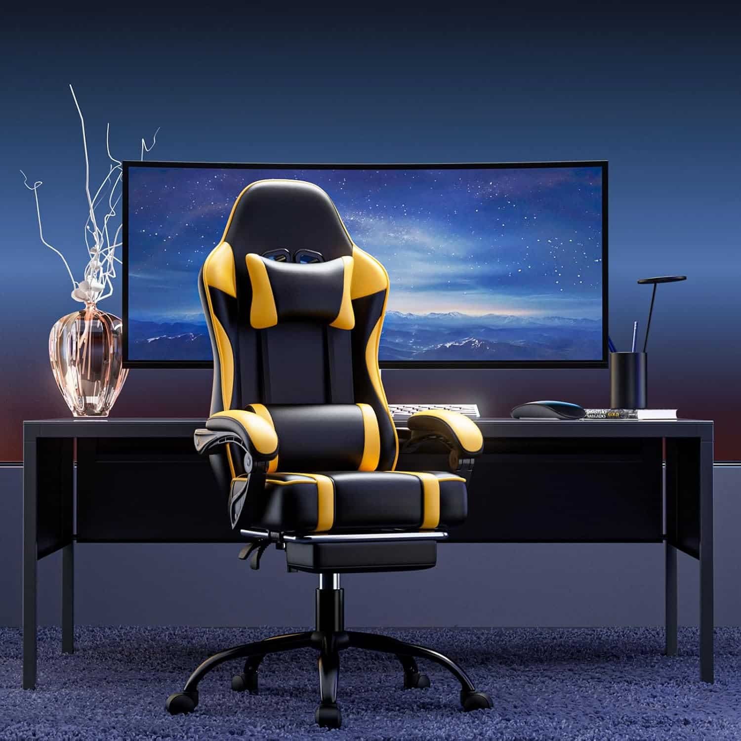 Video Game Chair for Adults, Massage Gaming Chair with Footrest, Adjustable Lumbar Pillow Gamer Chair for Kids, Comfortable Computer Chair with Leg Rest