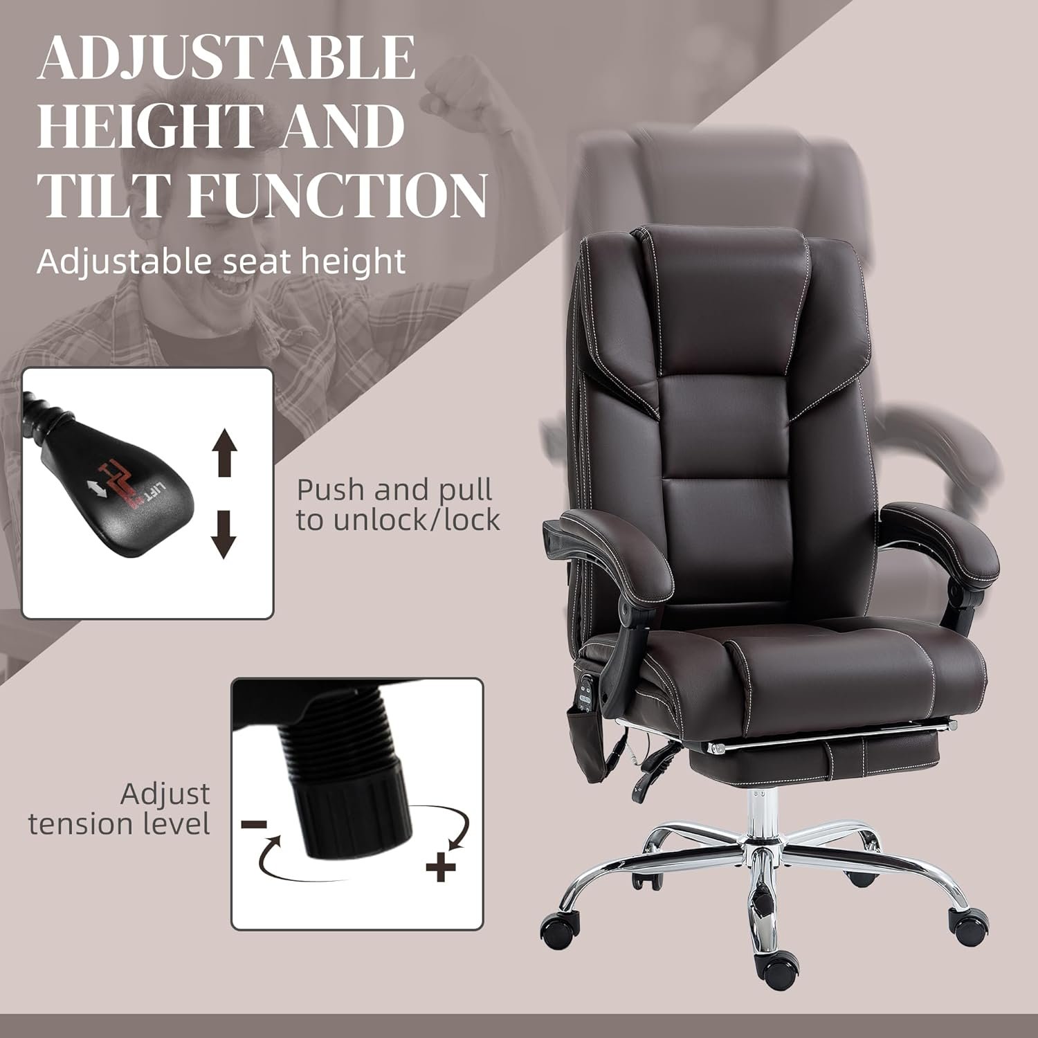 Vinsetto Massage Office Chair with 6 Vibration Points, Lumbar Heated PU Leather Reclining Computer Chair with Adjustable Height, Footrest, Tilt Function, Brown Vinsetto Massage Office Chair with 6 Vibration Points, Lumbar Heated PU Leather Reclining Computer Chair with Adjustable Height, Footrest, Tilt Function, Brown