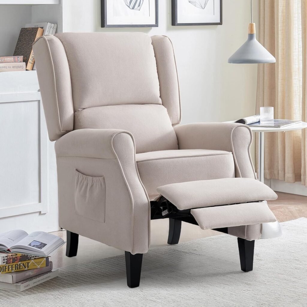 Wingback PushBack Recliner Chair with Massage Heating, Wing Back Chairs with Arms, Adjustable Modern Single Reclining for Living Room/Bedroom, Linen Fabric, Ultra Thick Cushions (Beige)