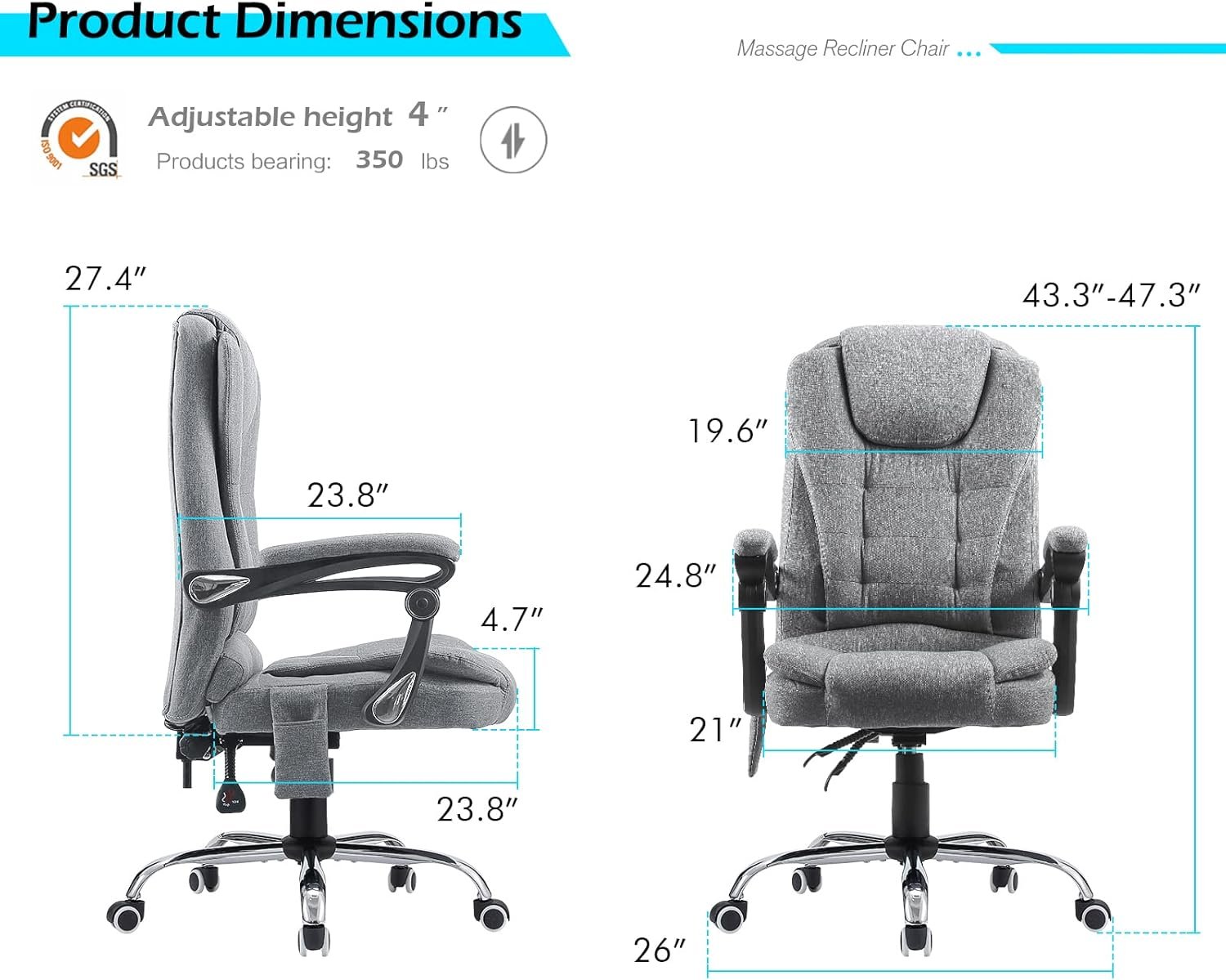 YODOLLA Executive Office Chair with 7 Points MassageHeat Function, High Back Office Chair Reclining Swivel Home Office Chair, Fabric, Grey