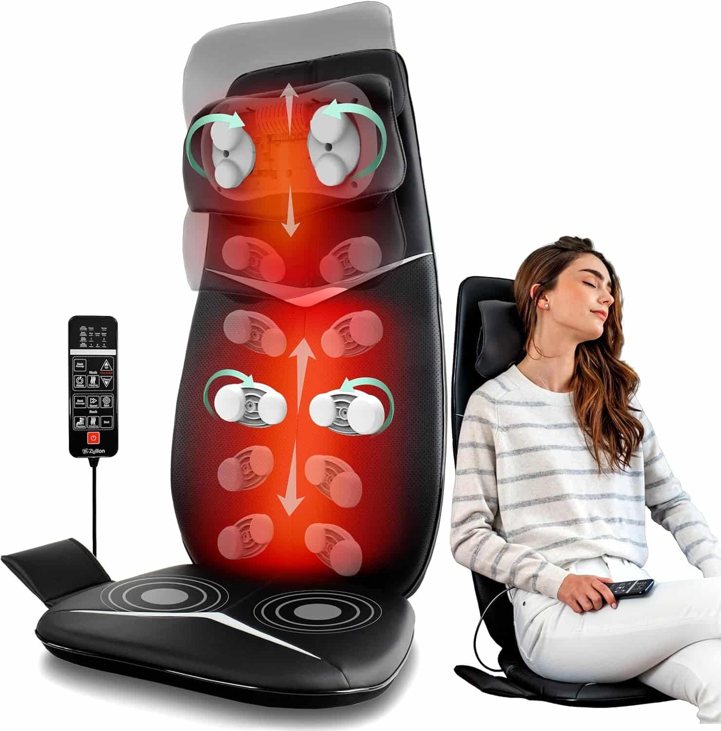 Zyllion Shiatsu Neck and Back Massager - 3D Kneading Deep Tissue Full Body Electric Massage Chair Seat Cushion Pad with Heat and Vibration for Muscle Pain Relief, Home and Office - Black (ZMA-33B)