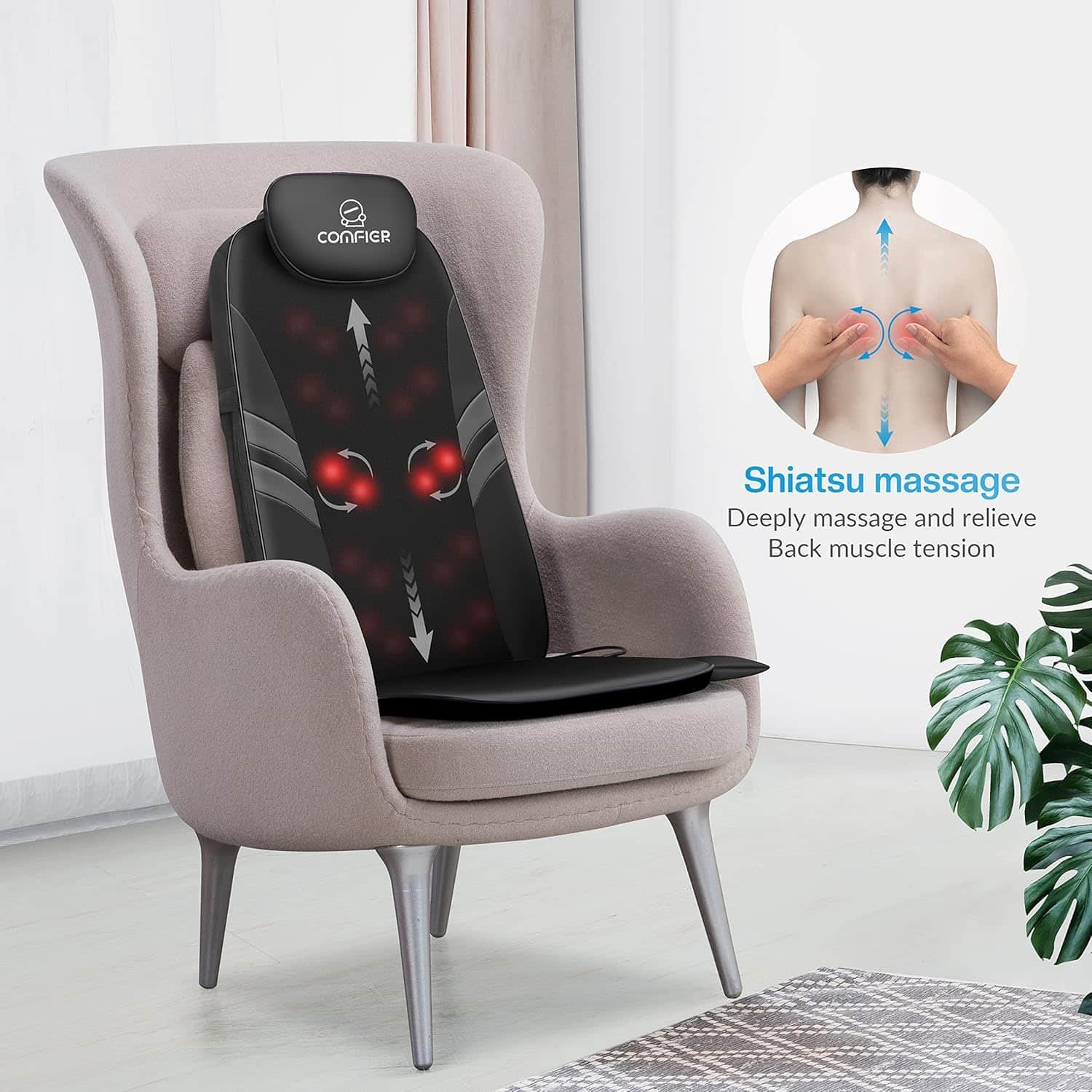 COMFIER Shiatsu Back Massager with Heat,Christmas Gifts,Deep Tissue Kneading Massage Seat Cushion,Massage Chair Pad for Full Back,Body Massager for Home or Office Chair use,Valentines Day Gift