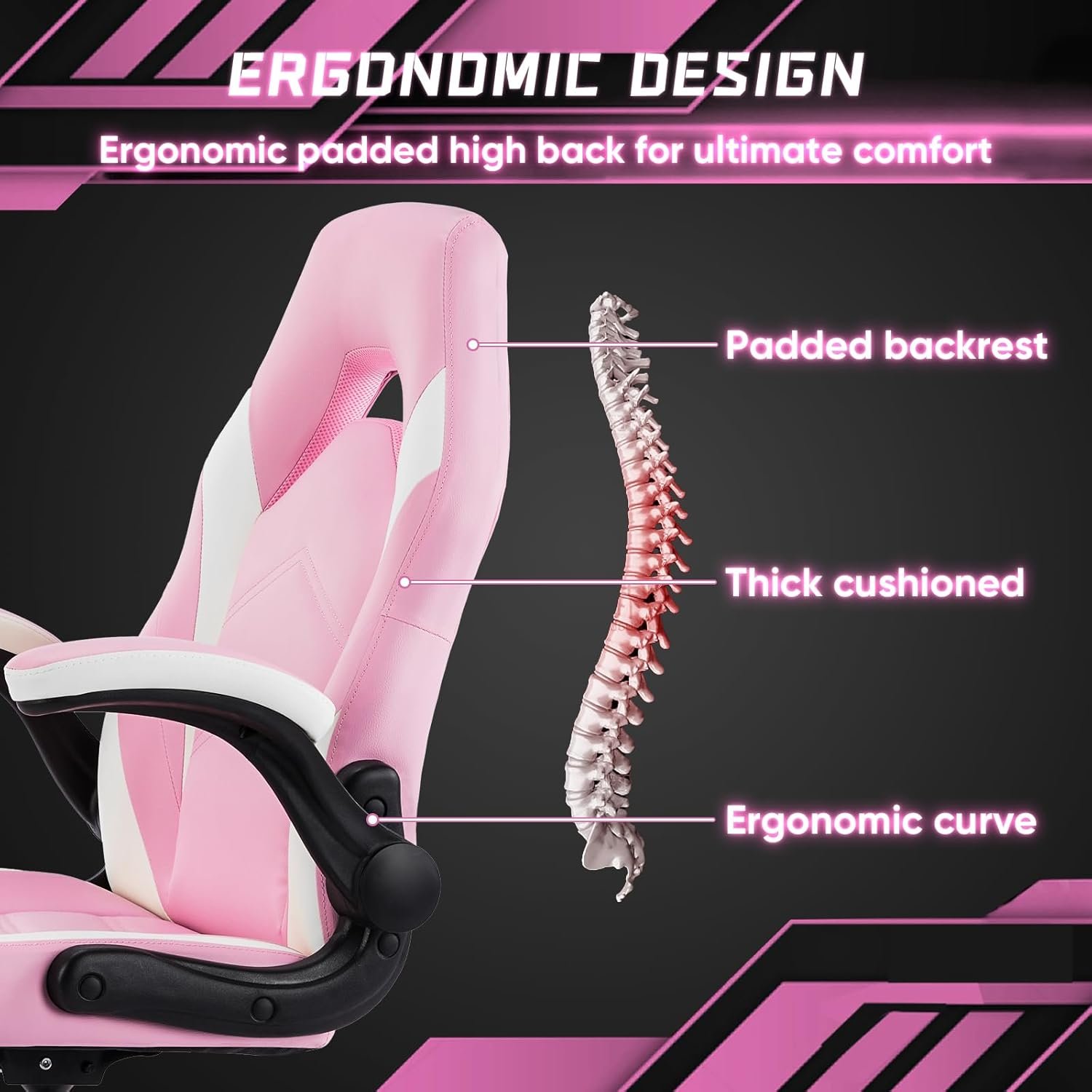DUMOS Ergonomic Computer Gaming Chair - Home Office Desk with PU Leather Lumbar Support, Height Adjustable Big and Tall Video Game with Flip-up Armrest, Swivel Wheels for Adults and Teens