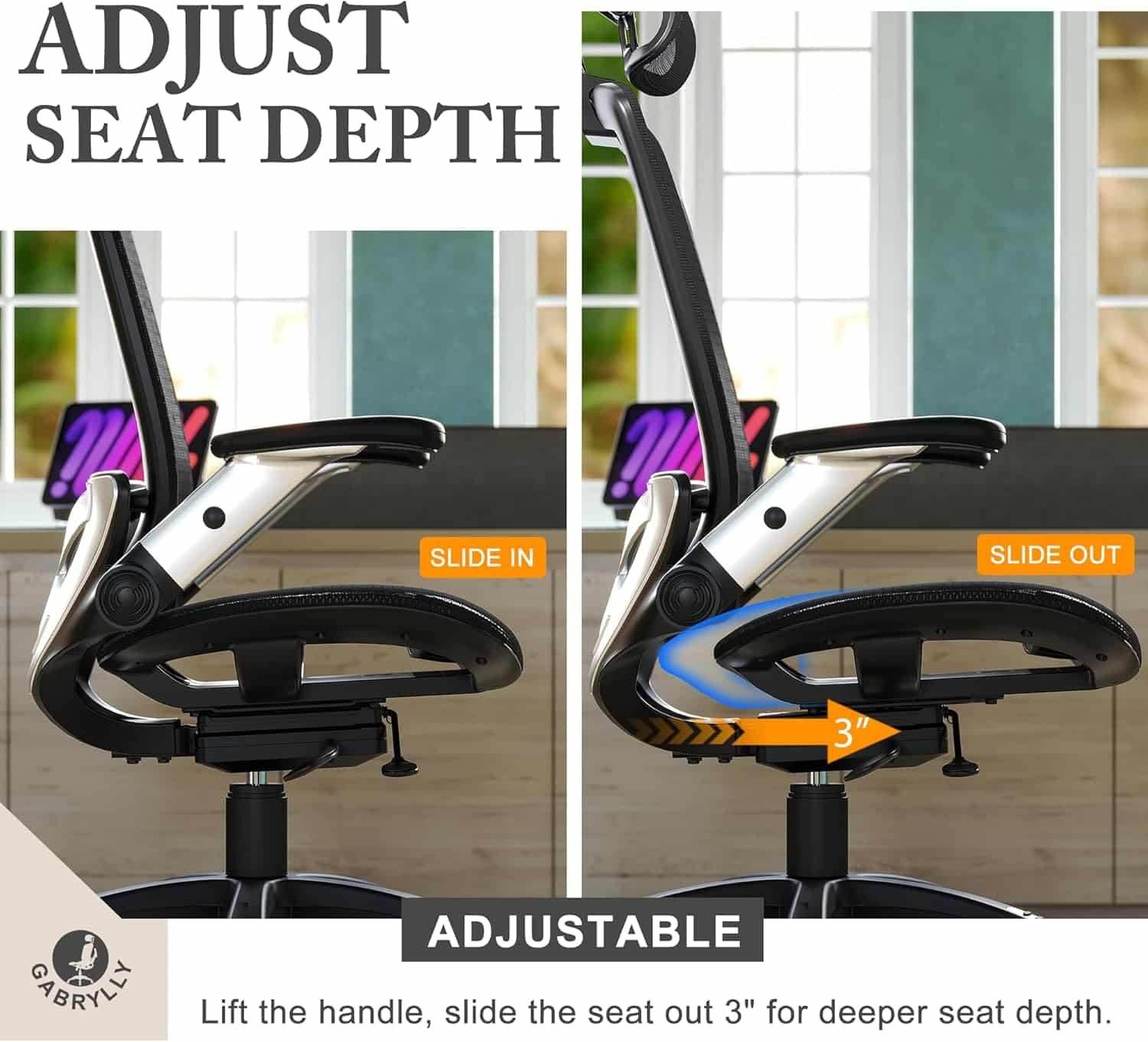 GABRYLLY Ergonomic Office Mesh Chair, High-Back Desk Chair with Sliding Seat, Adjustable Flip-up Armrest  2D Headrest, 4-Gear Tilt Function, Swivel Computer Gaming Chair for Man Woman