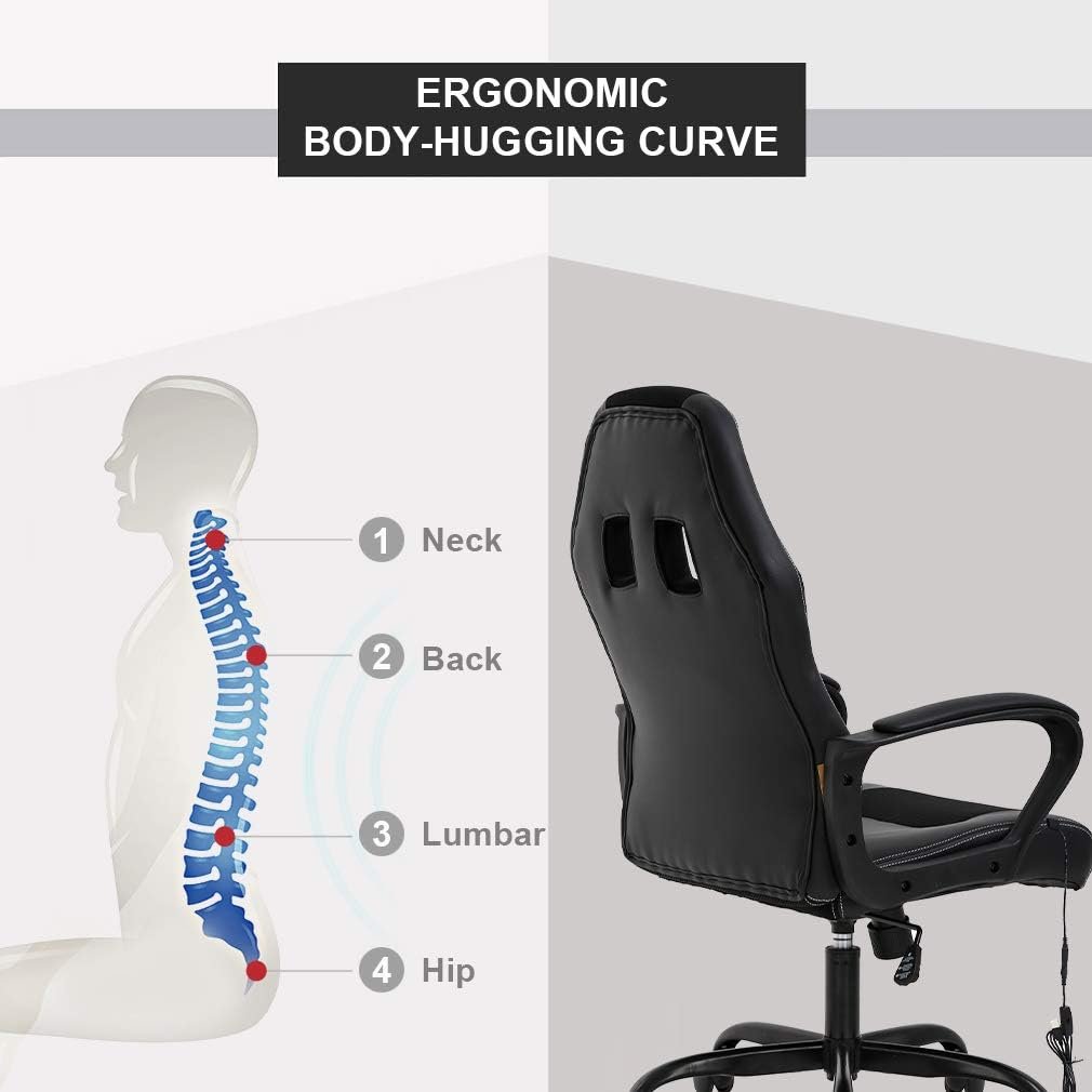 Gaming Chair Office Chair Desk Chair Massage Ergonomic PU Leather Racing Chair with Lumbar Support Headrest Armrest Task Rolling Swivel Computer Chair for Women Adults Girls(White)