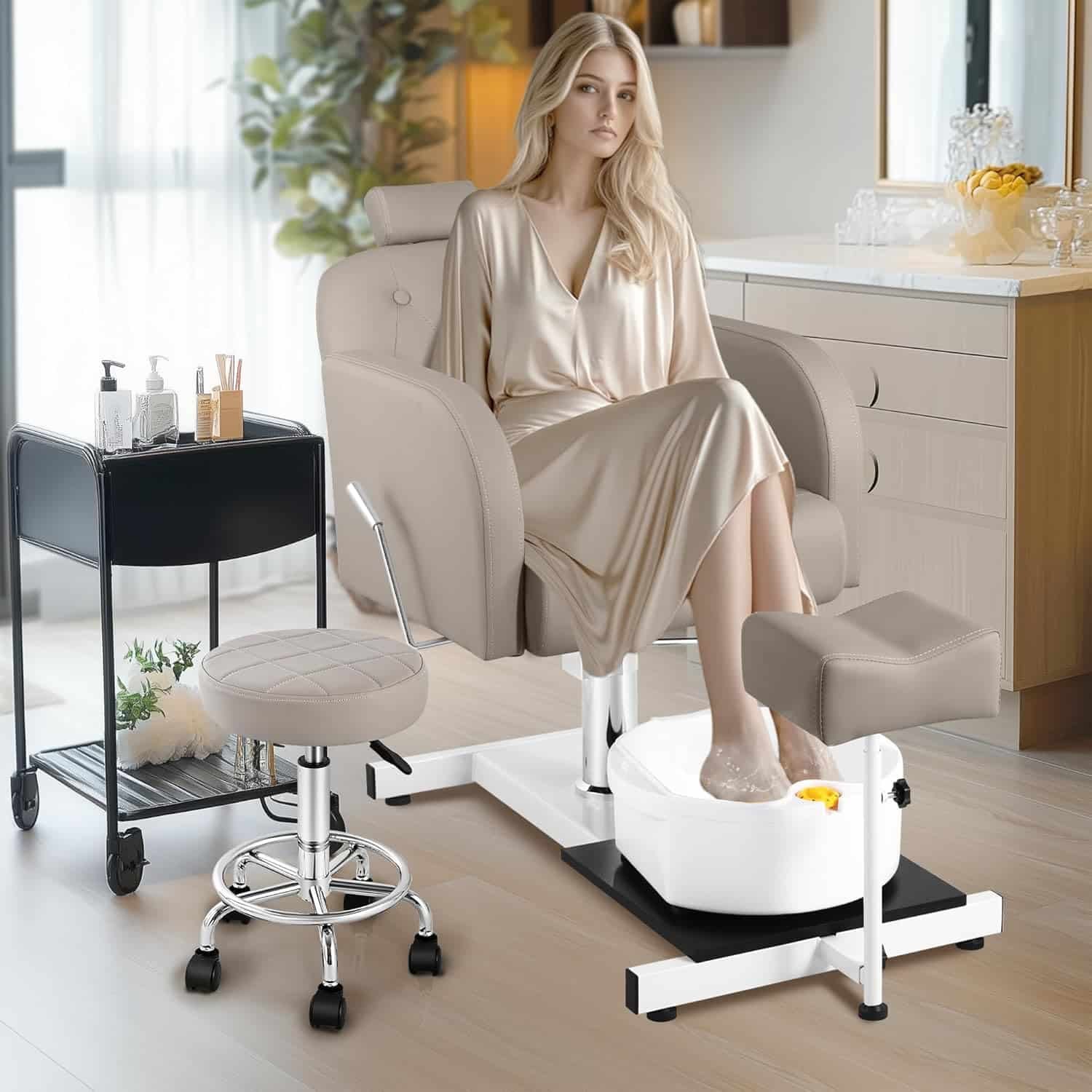 Grey Pedicure Chair No Plumbing for Nail Tech, with Adjustable Footrest and Massage Bath Bowl, Rolling Pedicure Stool,Portable Pedicure Station Unit Beauty Spa Salon Unit Station Technician Supplies