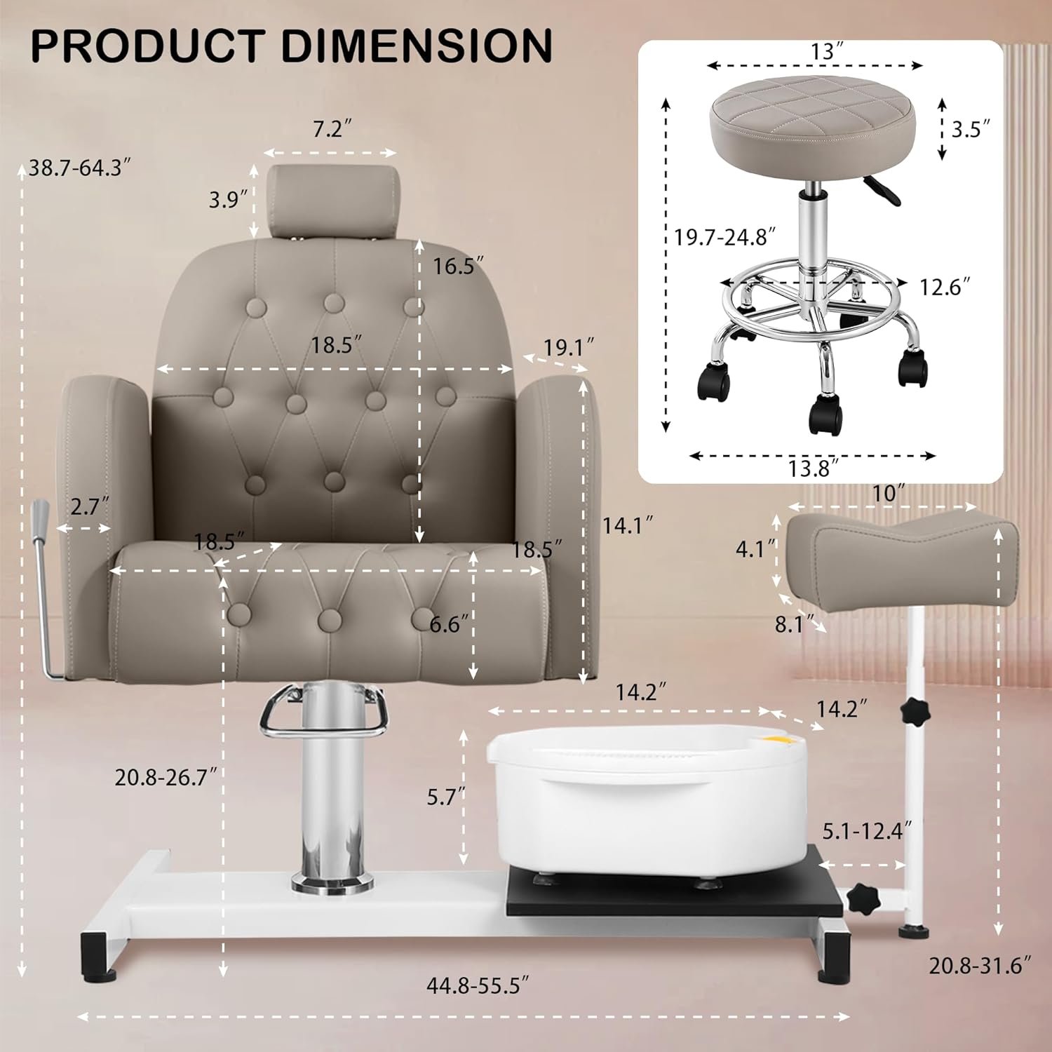 Grey Pedicure Chair No Plumbing for Nail Tech, with Adjustable Footrest and Massage Bath Bowl, Rolling Pedicure Stool,Portable Pedicure Station Unit Beauty Spa Salon Unit Station Technician Supplies