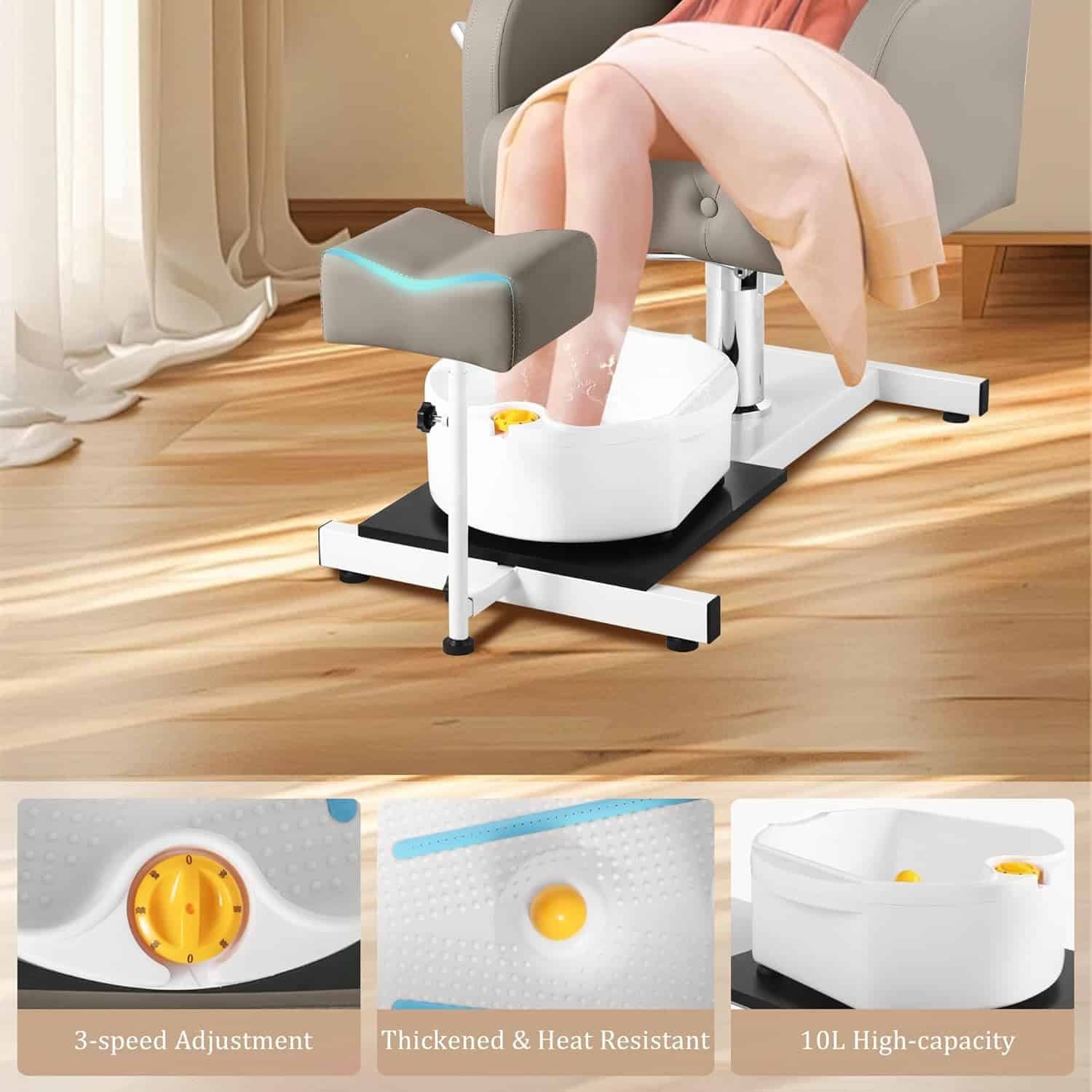 Grey Pedicure Chair No Plumbing for Nail Tech, with Adjustable Footrest and Massage Bath Bowl, Rolling Pedicure Stool,Portable Pedicure Station Unit Beauty Spa Salon Unit Station Technician Supplies