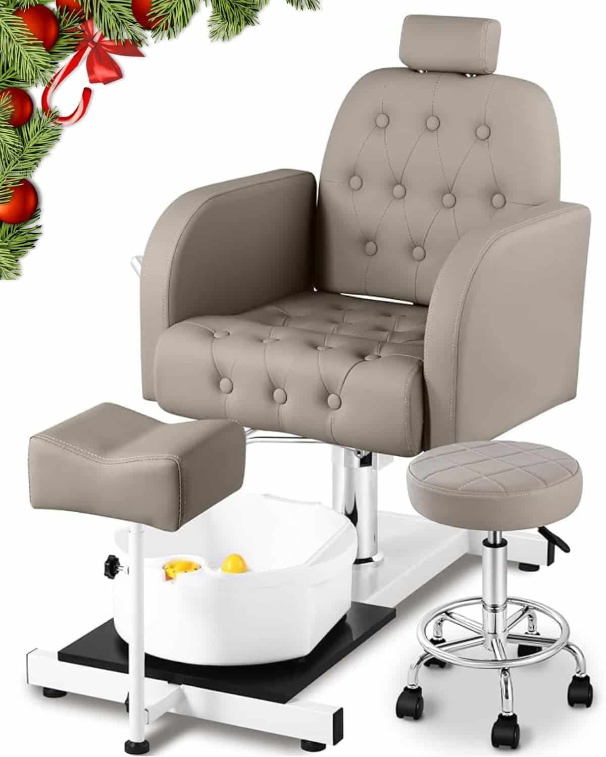 Grey Pedicure Chair No Plumbing for Nail Tech, with Adjustable Footrest and Massage Bath Bowl, Rolling Pedicure Stool,Portable Pedicure Station Unit Beauty Spa Salon Unit Station Technician Supplies