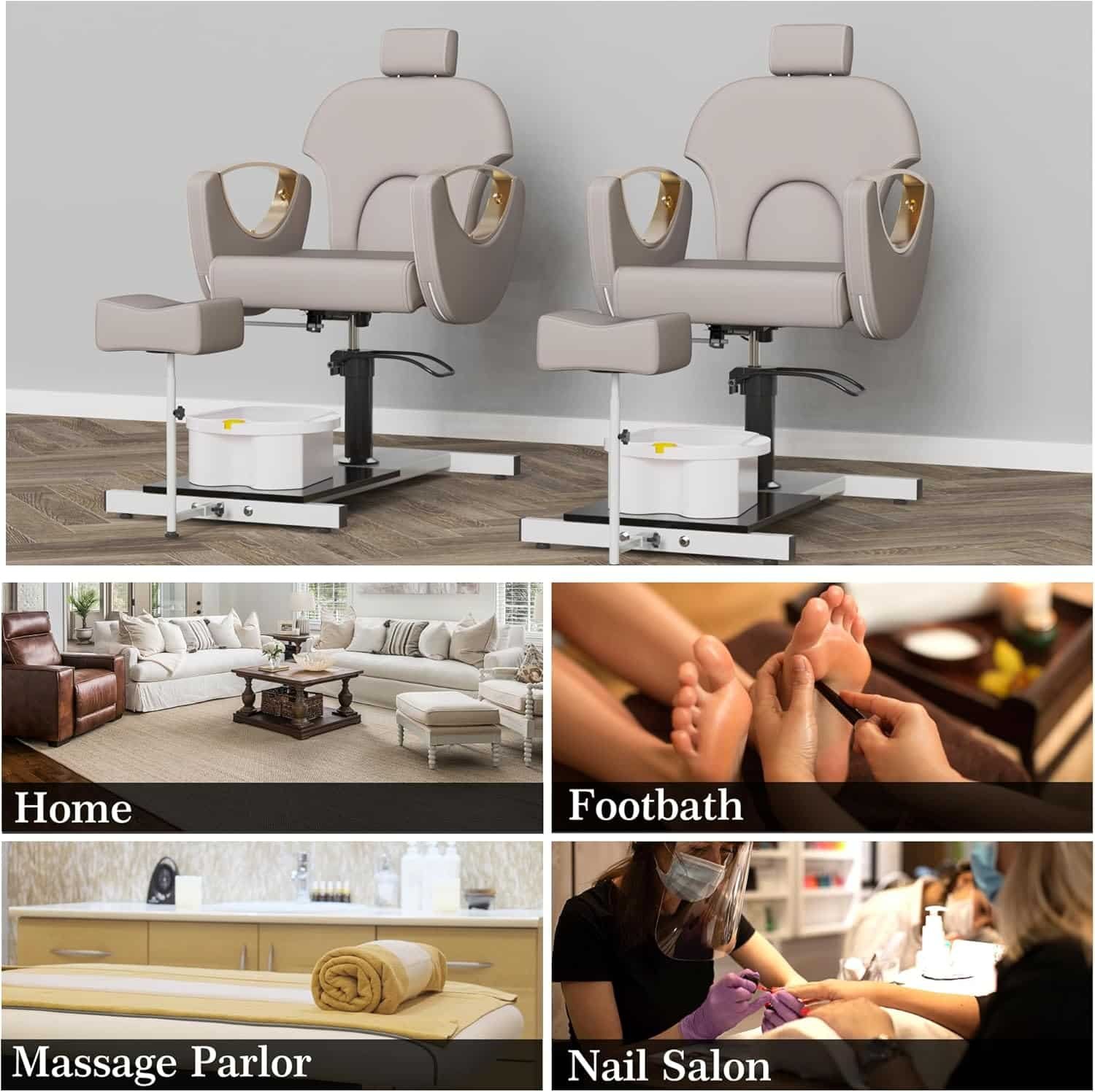 KIGOTY Pedicure Chair with Massage Foot Bath, 360 Degree Swivel Foot Spa Chair, Hydraulic Pedicure Chair for Massage Shop, Pedicure Shop, Beauty Salons, Spa (Grey-Gold)