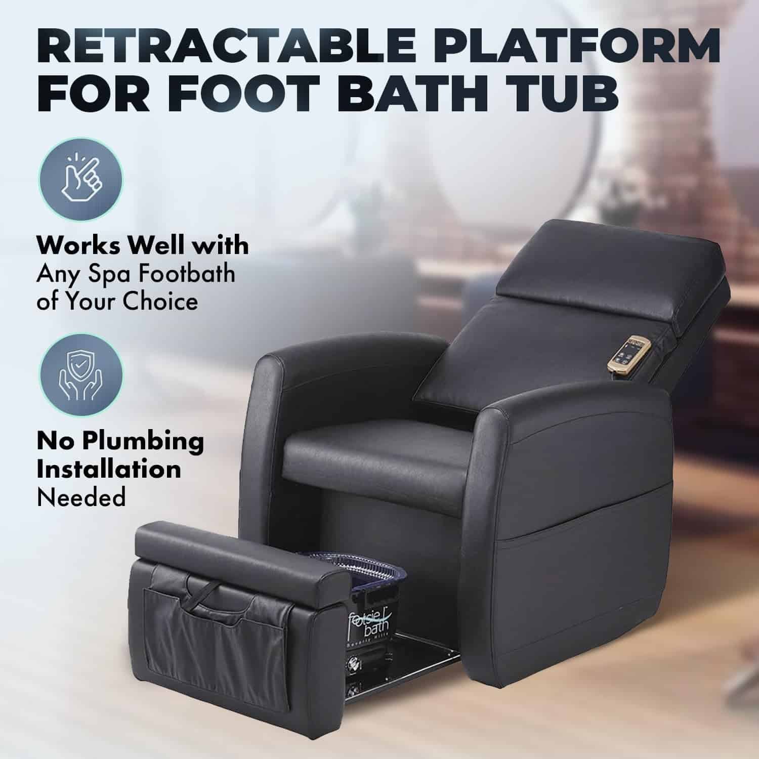 Lounge Pedicure Chair with Vibration Massage for Professional Salons  Spas, Motorized Reclining Chair Back, Adjustable Footrest, Side Storage Pouches, Single Handle Remote, PIB-PS-9