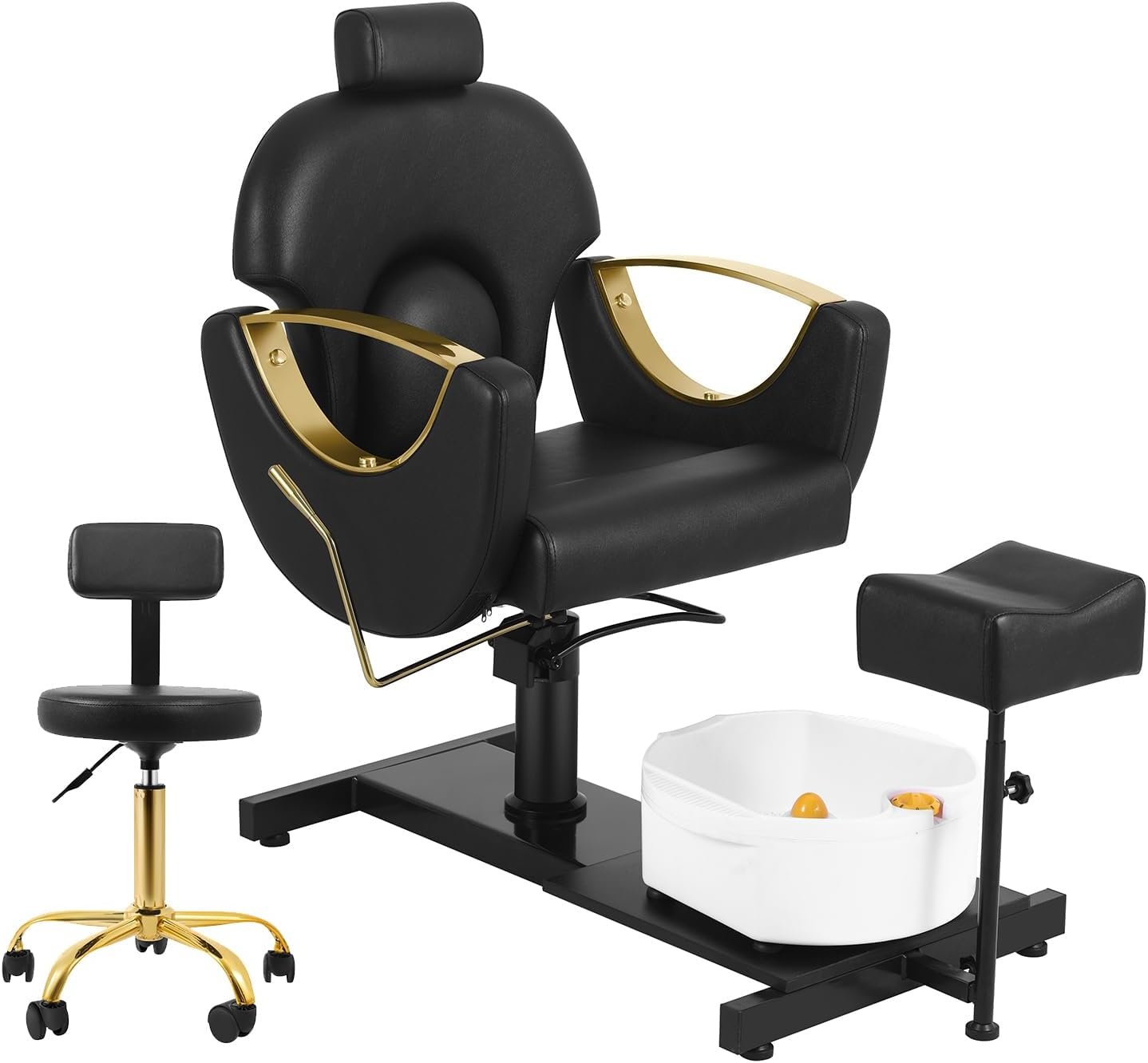 Pedicure Chair, Reclining Pedicure Station No Plumbing Adjustable Height Pedicure Chair with Footrest Massage Basin  Stool 360 Degree Swivel Foot Spa Chair Adjustable Backrest Spa Chair Black Gold