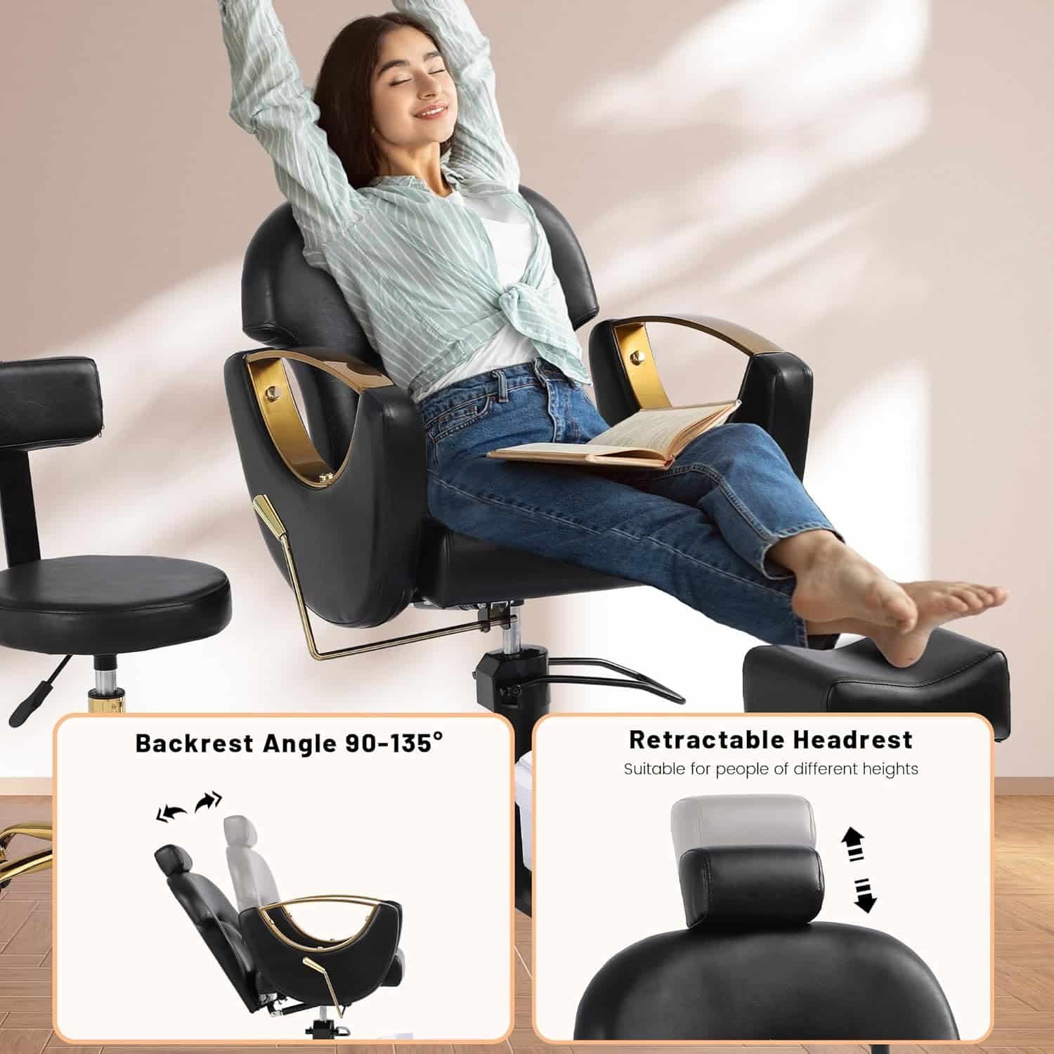 Pedicure Chair with 360 Degree Swivel Stool, Adjustable Hydraulic Lift Reclining Pedicure Station, Hydraulic Pedicure Chair for Massage Shop, Pedicure Shop,Spa (Pink-Gold)