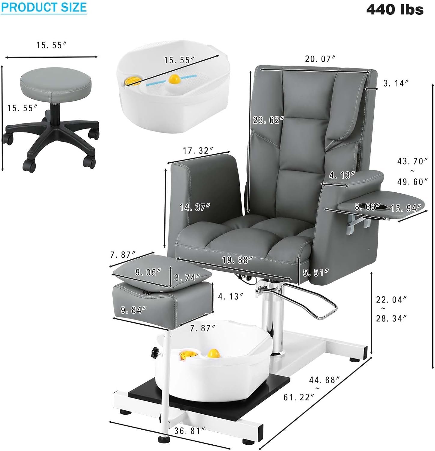 Pedicure Chair with Stool  Bubble Massage Foot Bath, Hydraulic Pedicure Chair for Nail Tech, No Plumbing, 360 ° Rotation for Beauty Spa Salon Unit Station Black