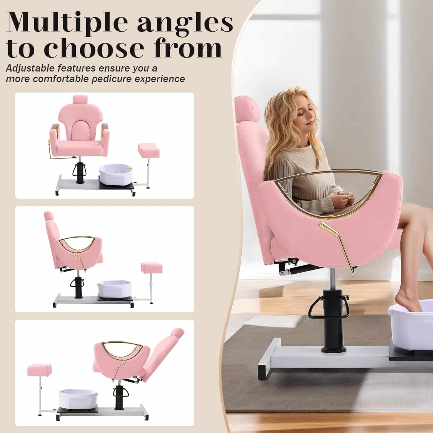 Pedicure Station No Plumbing, Hydraulic Pedicure Chair for Nail Tech, Height Adjustable Reclining Pedicure Station Unit, 360 Degree Swivel Foot Spa Chair with Footrest and Massage Foot Bath (Pink)