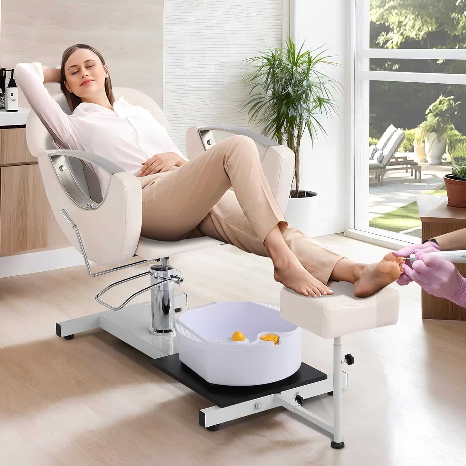 Pedicure Station No Plumbing, Hydraulic Pedicure Chair for Nail Tech, Height Adjustable Reclining Pedicure Station Unit, 360 Degree Swivel Foot Spa Chair with Footrest and Massage Foot Bath (Pink)