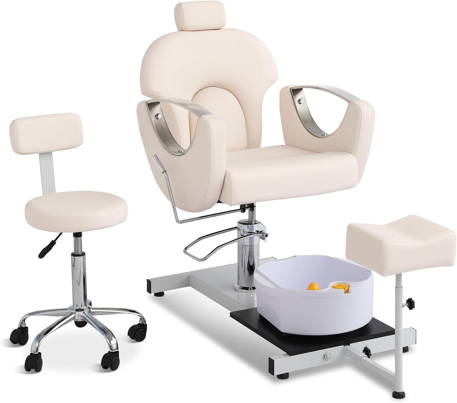 Pedicure Station No Plumbing, Hydraulic Pedicure Chair for Nail Tech, Height Adjustable Reclining Pedicure Station Unit, 360 Degree Swivel Foot Spa Chair with Footrest and Massage Foot Bath (Pink)