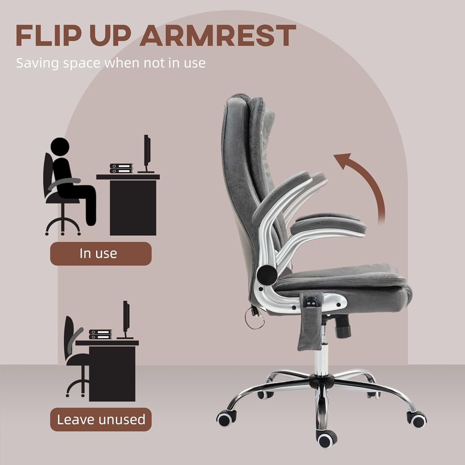 Penau High Back Vibration Massage Office Chair with Heated Function, Adjustable Height, Flip-up Armrest, and Swivel Wheels in Gray