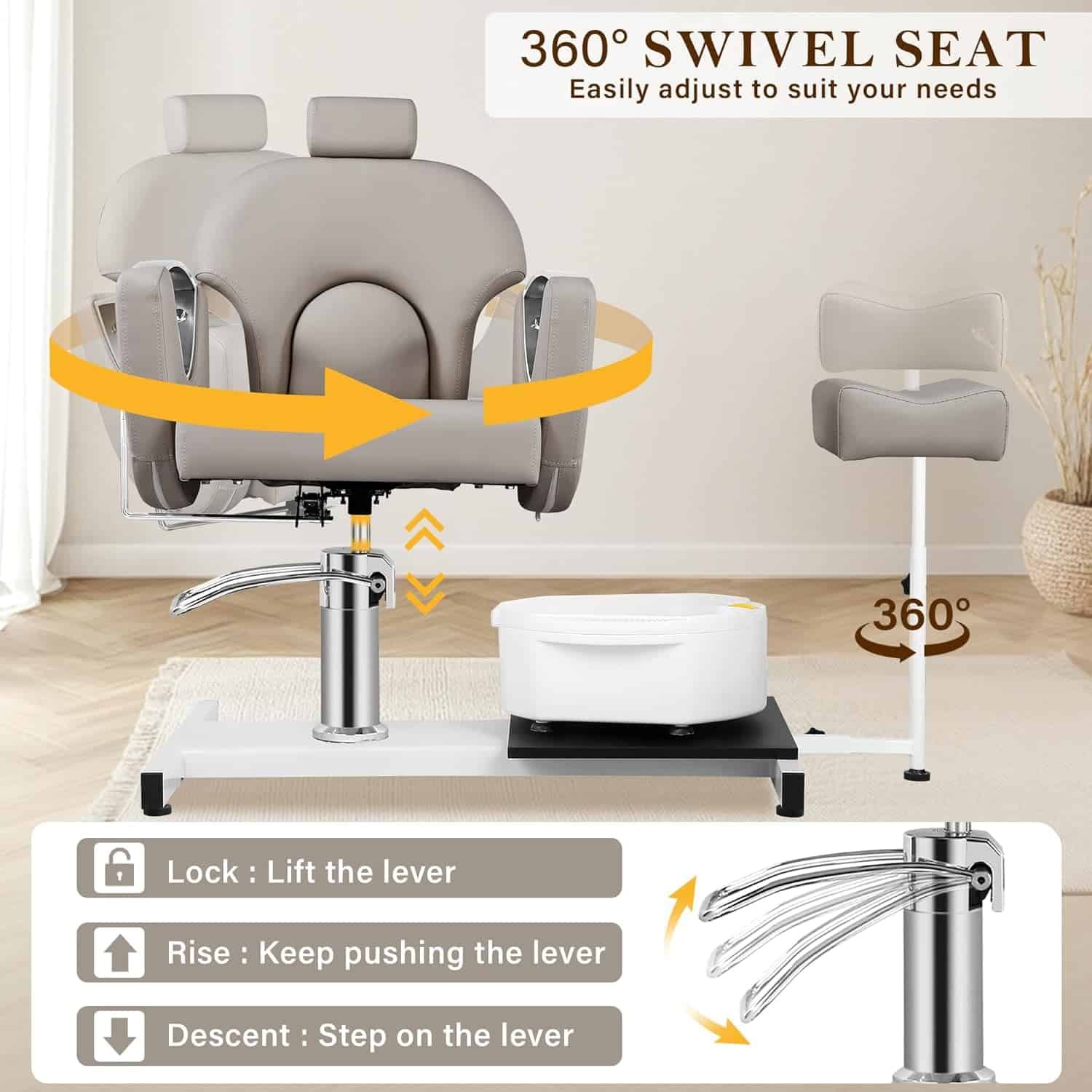 Reclining Pedicure Chair for Nail Tech, Hydraulic Lift Pedicure Station No Plumbing with Footrest Massage Basin, Rolling Stool, 360 ° Swivel Foot Spa Chair for Massage Pedicure Shop, Gray