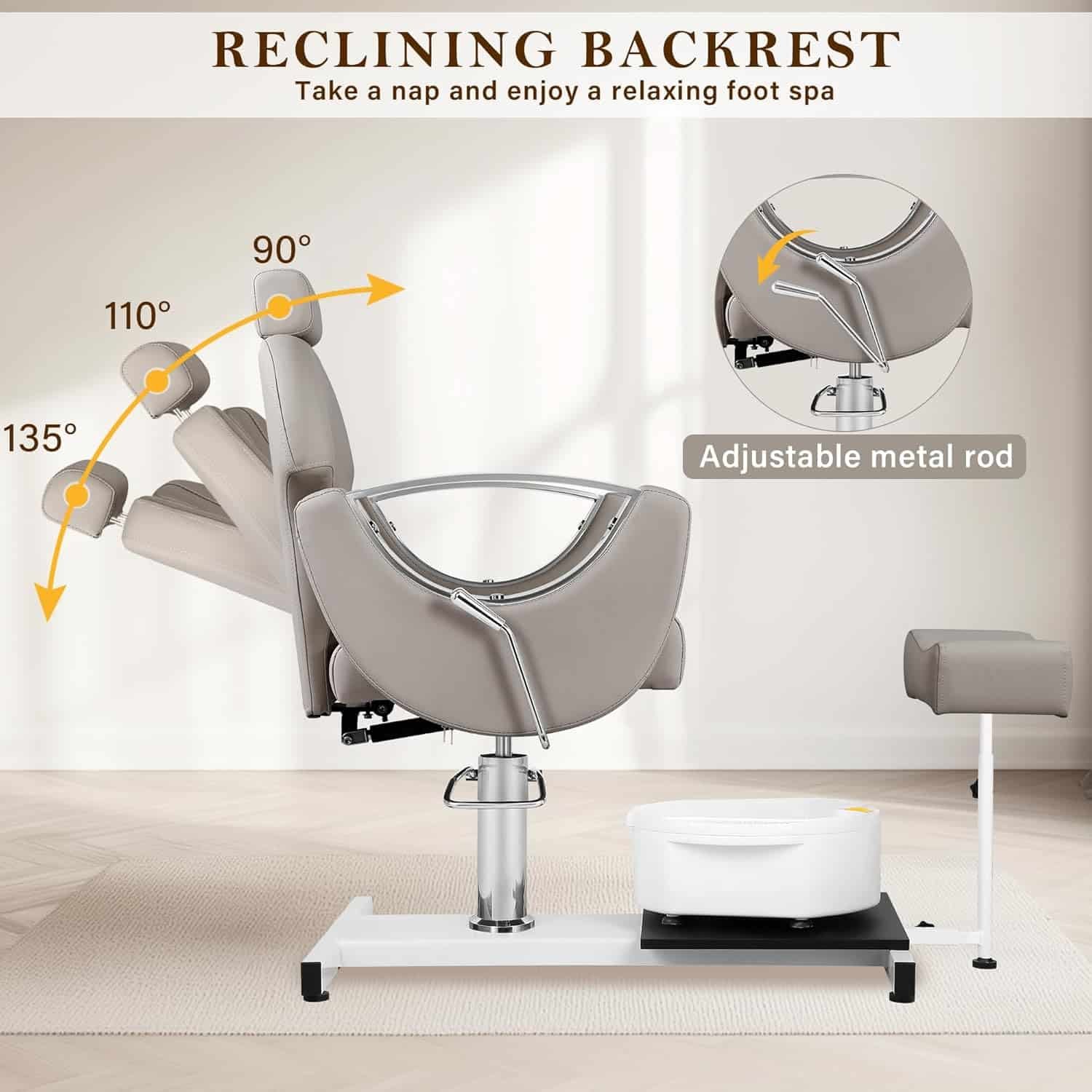 Reclining Pedicure Chair for Nail Tech, Hydraulic Lift Pedicure Station No Plumbing with Footrest Massage Basin, Rolling Stool, 360 ° Swivel Foot Spa Chair for Massage Pedicure Shop, Gray