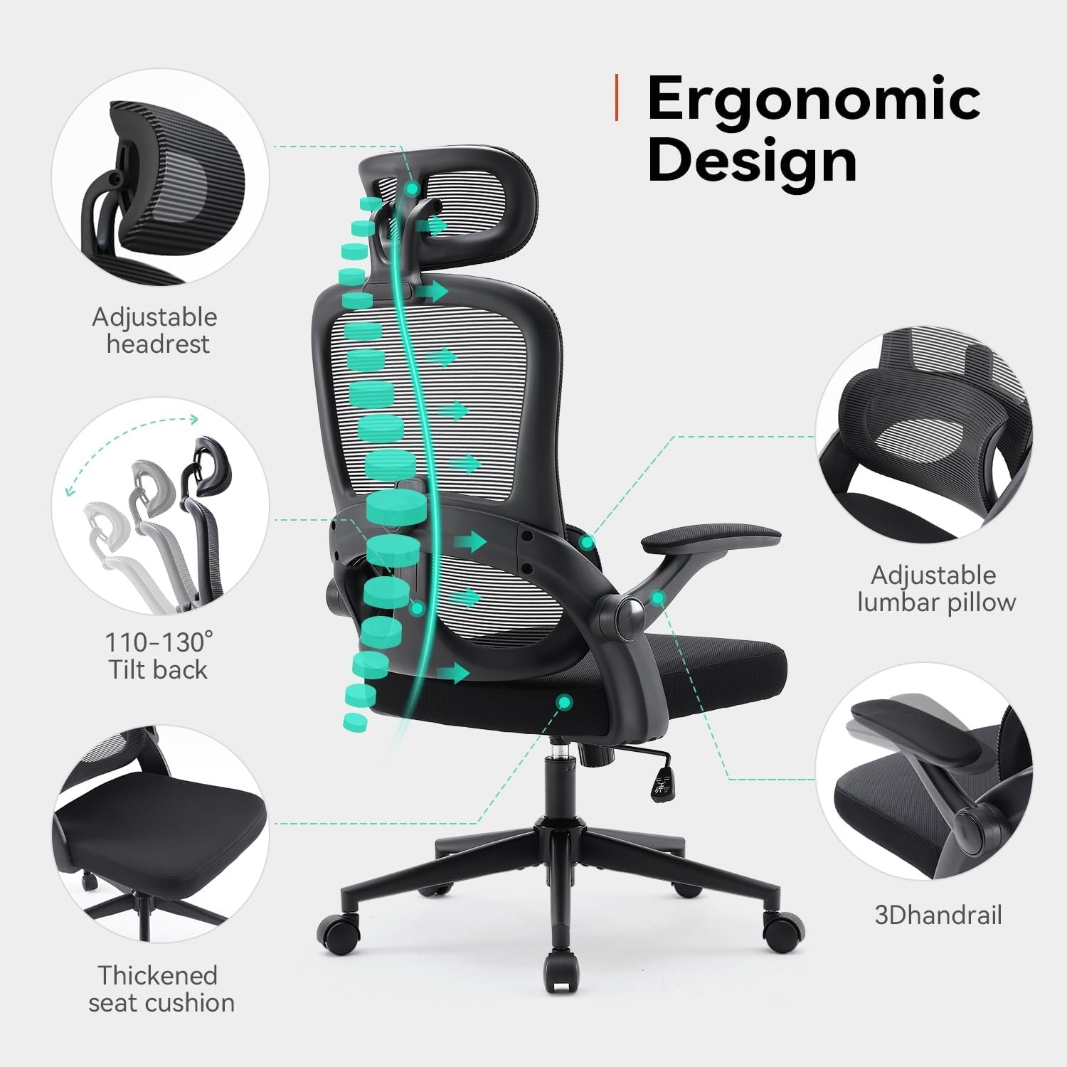 SIHOO M102C Ergonomic Mesh Office Chair, High Back Desk Chair with 3D Armrests, UpDown Lumbar Support, Swivel Computer Task Chair with Adjustable 2D Headrest, Tilt Function Black