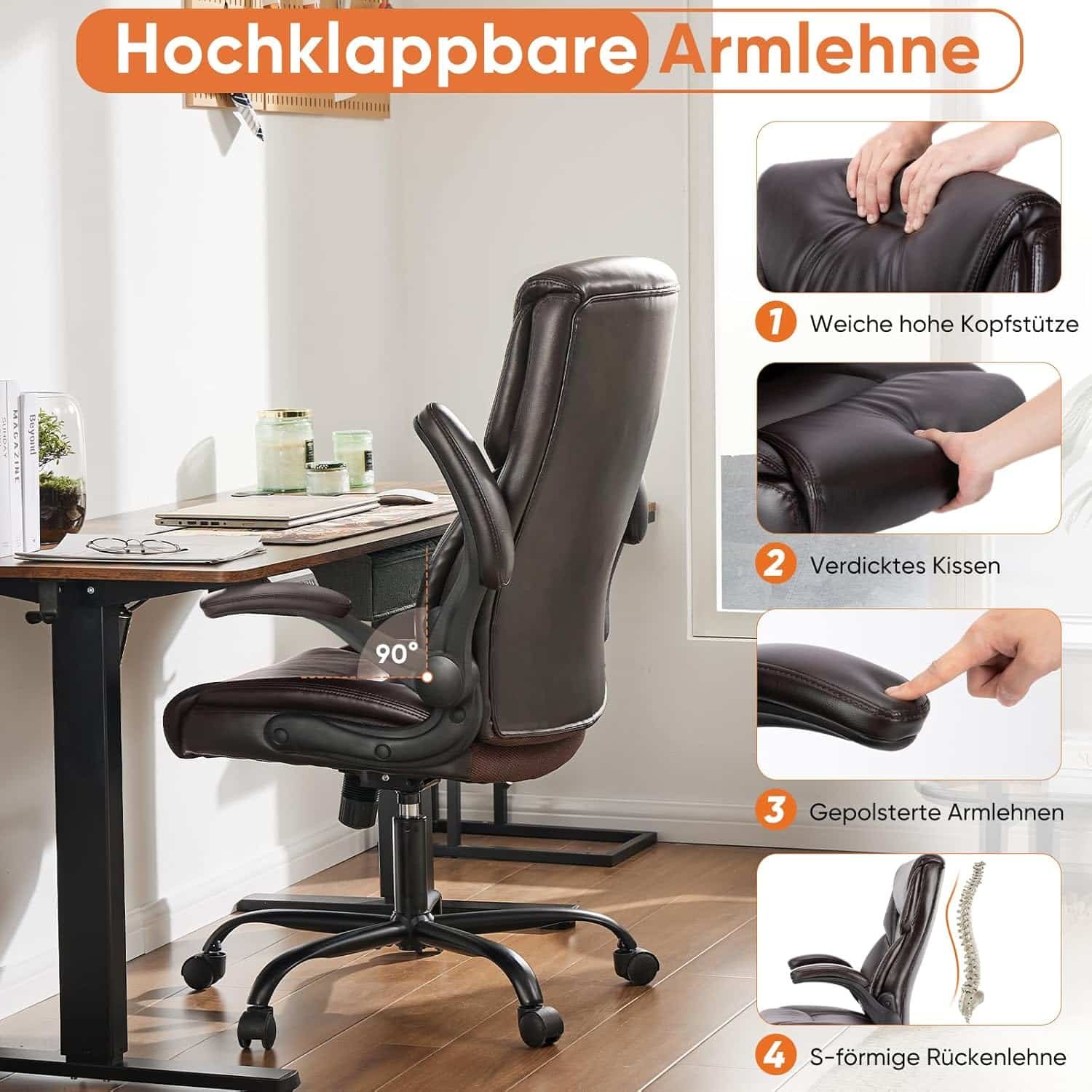 Sweetcrispy Computer Gaming Chair, Ergonomic Office Chair Heavy Duty Task Desk Chair with Flip-up Arms, PU Leather, Adjustable Swivel Rolling Chair with Wheels, Black