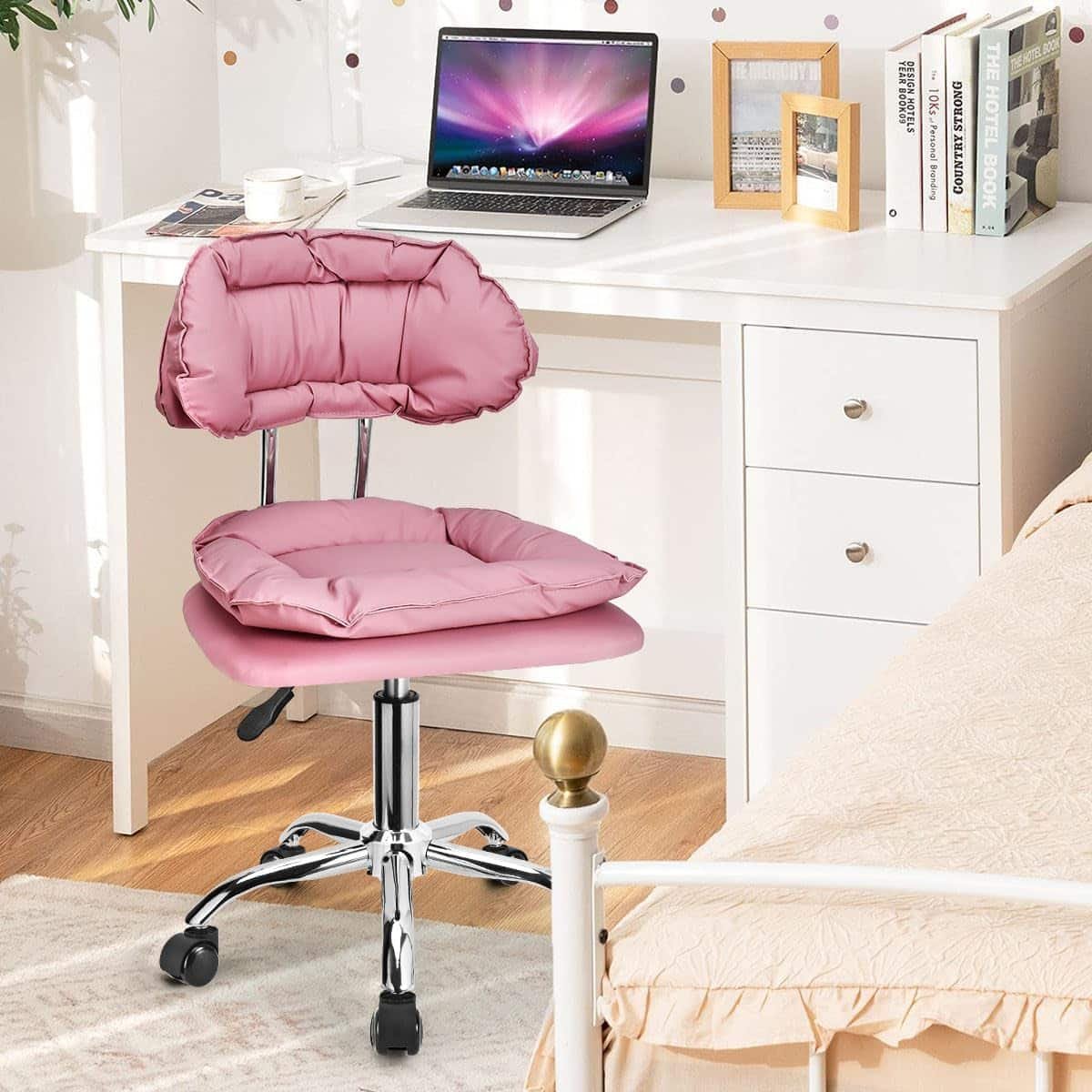 JOSTZHXIN Rolling Stool with Backrest, Home Office Rolling Stool Chair, Thickened Seat Cushion, Adjustable Height Swivel Chair for Nail Shop Salon Spa Massage Tattoo, Pink