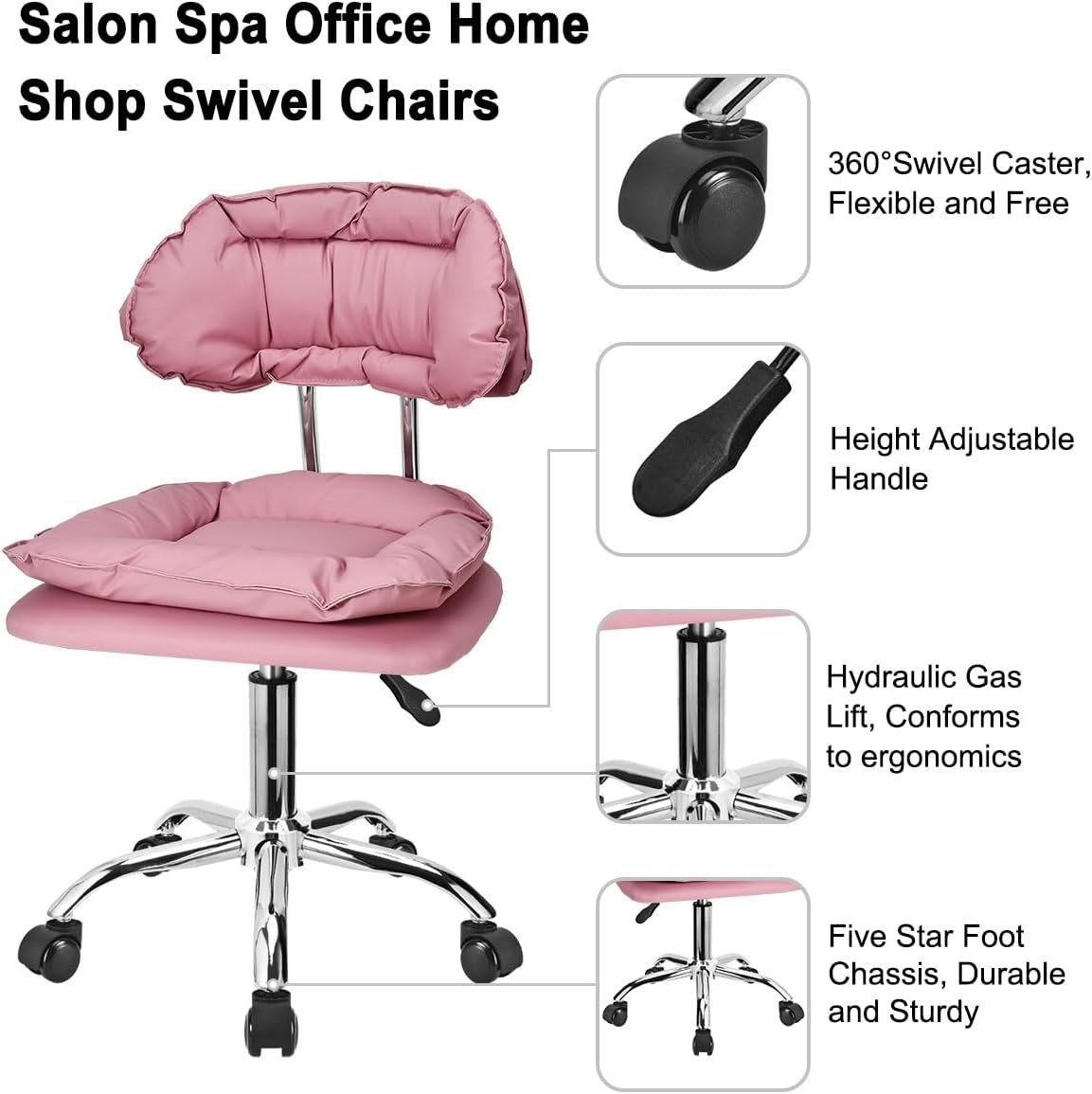 JOSTZHXIN Rolling Stool with Backrest, Home Office Rolling Stool Chair, Thickened Seat Cushion, Adjustable Height Swivel Chair for Nail Shop Salon Spa Massage Tattoo, Pink