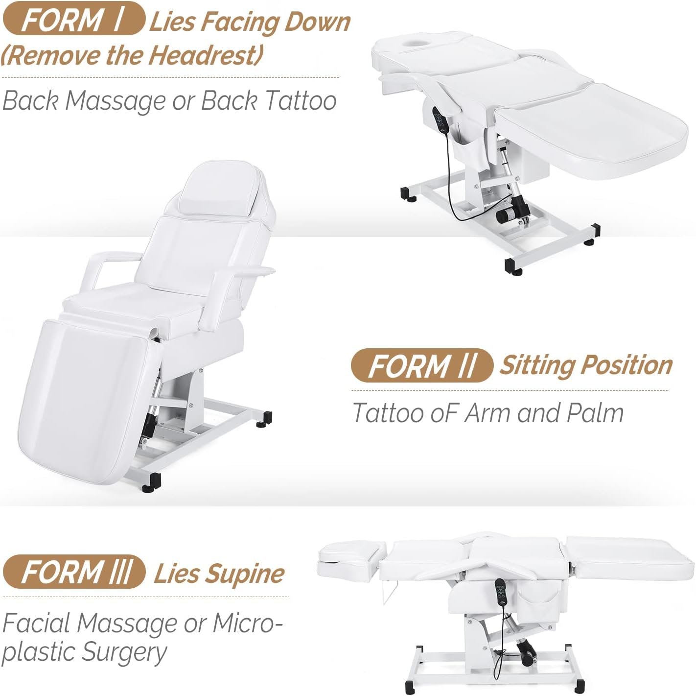 OmySalon Fully Electric Salon Facial Bed Chair, Multi-Purpose Massage Tattoo Lash Waxing Table, Height Backrest Footrest Adjustable, for Beauty Barber Spa (White)