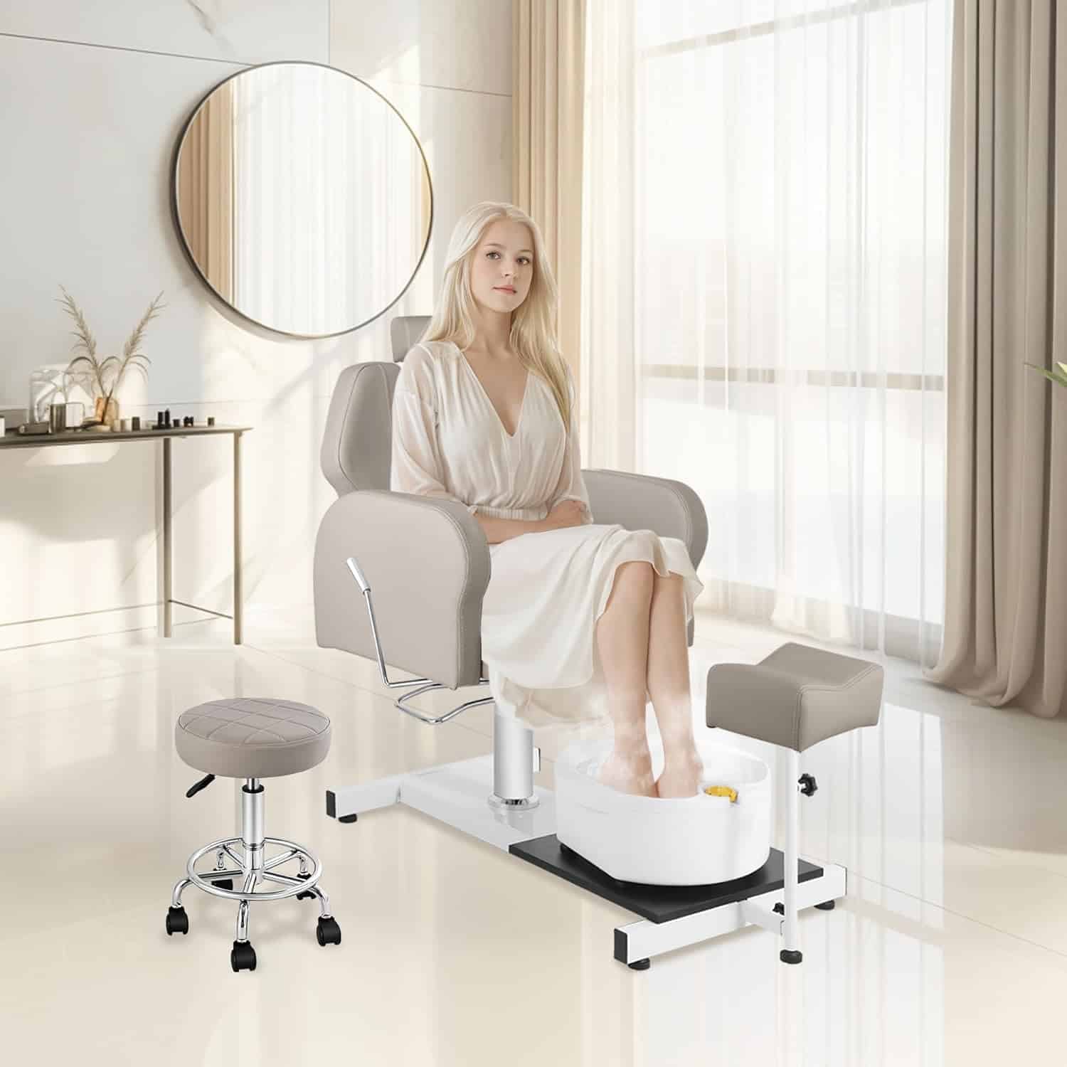 Pedicure Chair for Nail Tech, Hydraulic Adjustable Pedicure Chair No Plumbing w/Footrest  Foot Massage Basin, Comfortable Pipeless Pedicure Station for Home Bath Foot Salon Spa Equipment, Gray