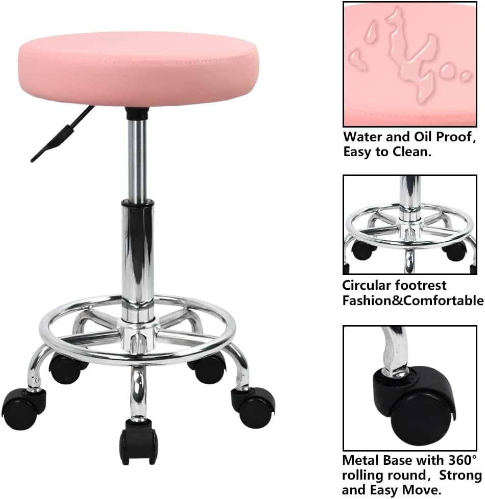 KKTONER PU Leather Round Rolling Stool with Foot Rest Swivel Height Adjustment Spa Drafting Salon Tattoo Work Office Massage Stools Task Chair (Pink)