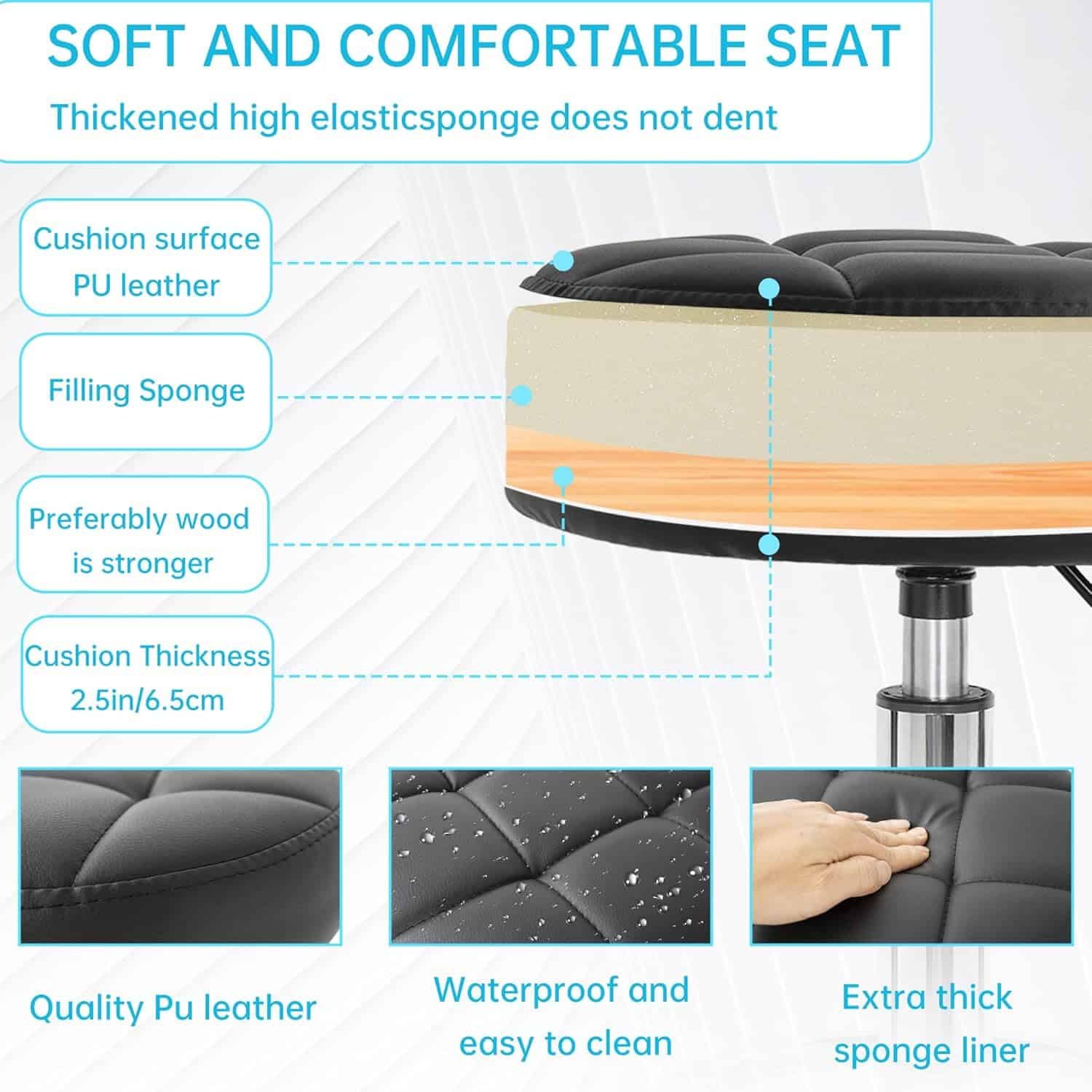PU Leahter Rolling Stool Height Adjustable Round Swivel Stools for Spa Salon Massage Work Chair with Foot Rest Black