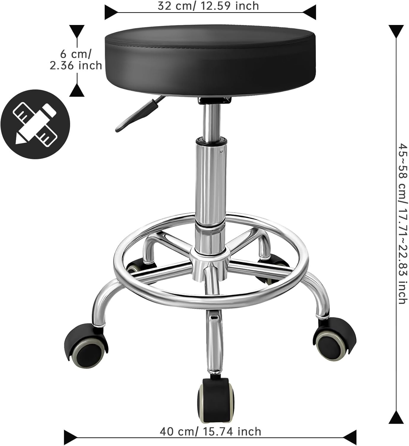 PU Leather Rolling Stool with Foot Rest Round Height Adjustment Swivel Spa Drafting Salon Tattoo Work Office Massage Vanity Stools Task Chair (Black)