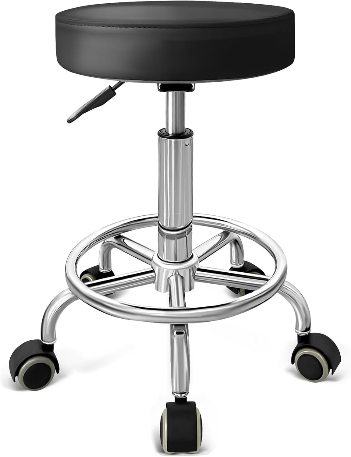 PU Leather Rolling Stool with Foot Rest Round Height Adjustment Swivel Spa Drafting Salon Tattoo Work Office Massage Vanity Stools Task Chair (Black)