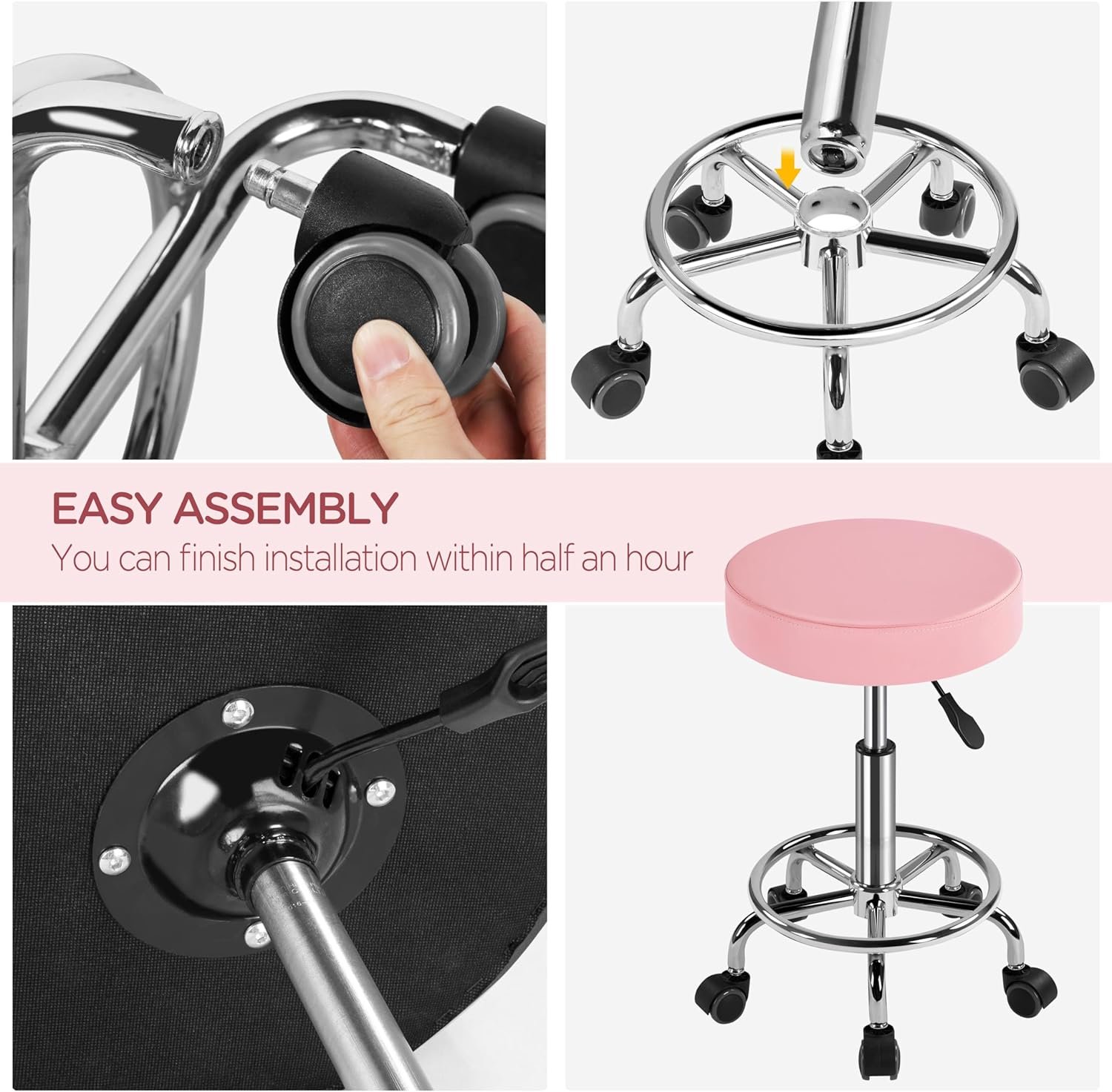 Yaheetech Rolling Stool Adjustable Stool Chair with Wheels Small Round Stool Shop Tattoo Chair with PU Leather Cushioned Seat and Foot Rest, Pink