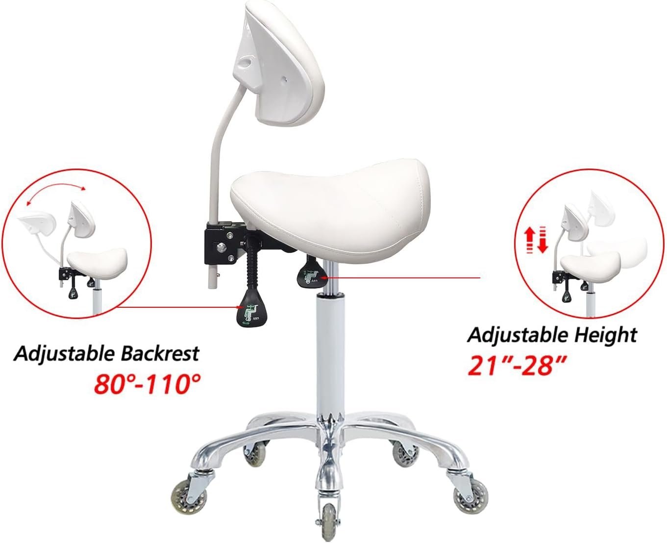 Antlu Saddle Stool Chair for Massage Clinic Spa Salon Cutting, Saddle Rolling Stool with Wheels Adjustable Height (White)
