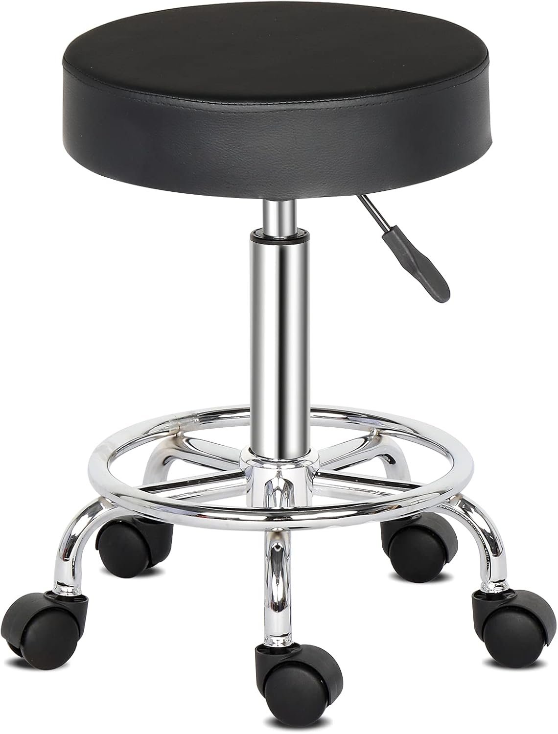 Kcelarec Rolling Swivel Salon Stool with Adjustable Height, PU Leather Cushioned Seat, Chrome Metal Base (Black)