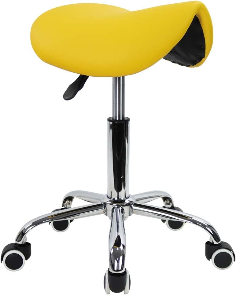 KKTONER Rolling Saddle Stool PU Leather Swivel Adjustable Rolling Stool with Wheels Salon Chair (Blue)
