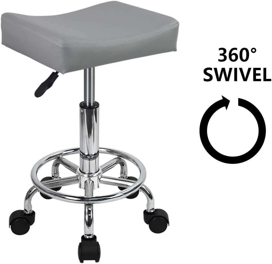 KKTONER Square Rolling Stool PU Leather Height Adjustable Swivel Massage SPA Salon Stools Task Chair with footrest (Grey)