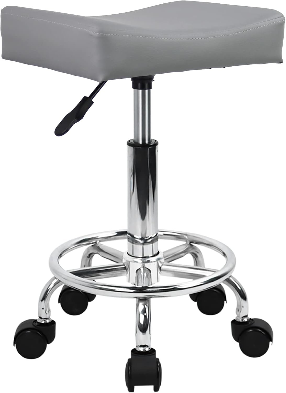 KKTONER Square Rolling Stool PU Leather Height Adjustable Swivel Massage SPA Salon Stools Task Chair with footrest (Grey)