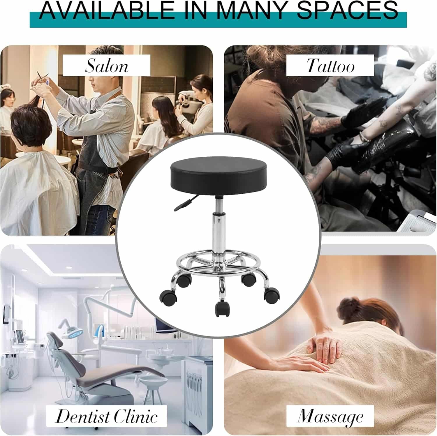 LSSBOUGHT Round Rolling Stool with Wheels Salon Stool PU Leather Height Adjustable Roller Chair for Spa Tattoo Dentist Clinic(Black)
