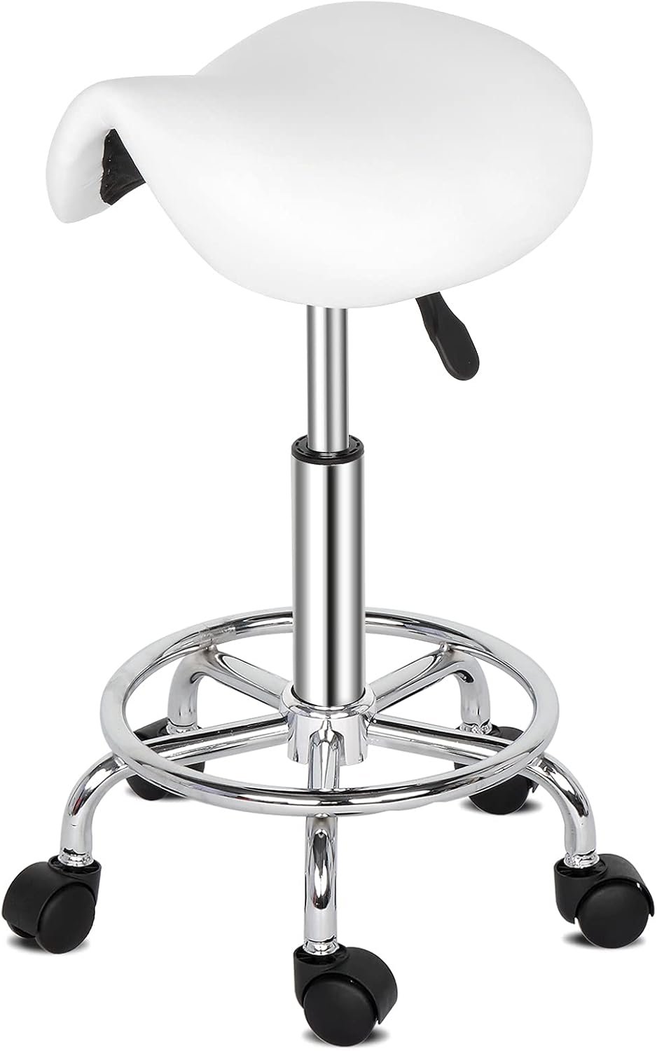 Professional Saddle Stool - Ergonomic Chair - Comfortable Saddle Stool with Wheels - Swivel Salon Cutting chair for Kitchen, Salon, Spa, Tattoo, Pedicure, Massage -Esthetician Chair,White