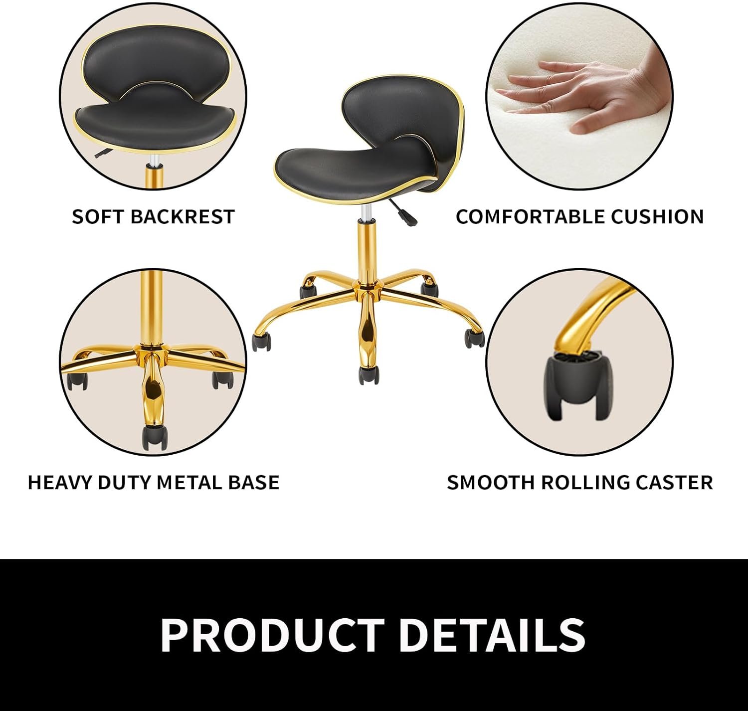 Rolling Salon Stool with Back, Set of 2 Saddle Chair Adjustable Swivel Chair for Massage Tattoo, Comfy Swivel Stool with Wheels for Beauty, Esthetician, Medical, Shop-Black