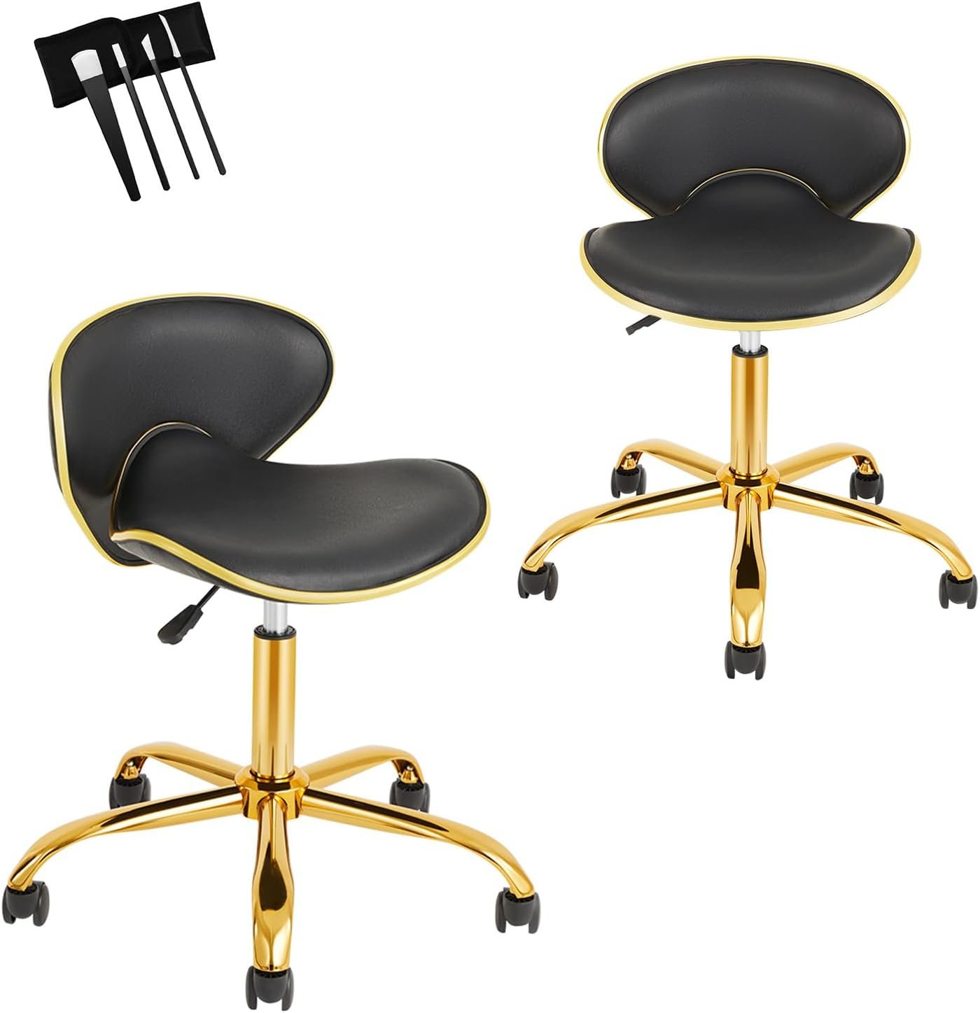 Rolling Salon Stool with Back, Set of 2 Saddle Chair Adjustable Swivel Chair for Massage Tattoo, Comfy Swivel Stool with Wheels for Beauty, Esthetician, Medical, Shop-Black