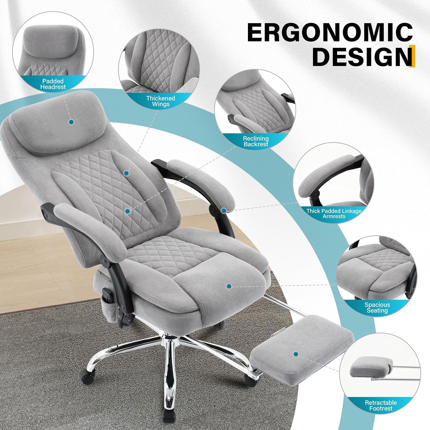 6-Point Massage Office Chair with Heated, Ergonomic Desk Chairs with Footrest 135°Reclining High Back, Big and Tall Executive Offices Chair 500LBS, Thick Cushion Gaming Chair for Home Office, Black