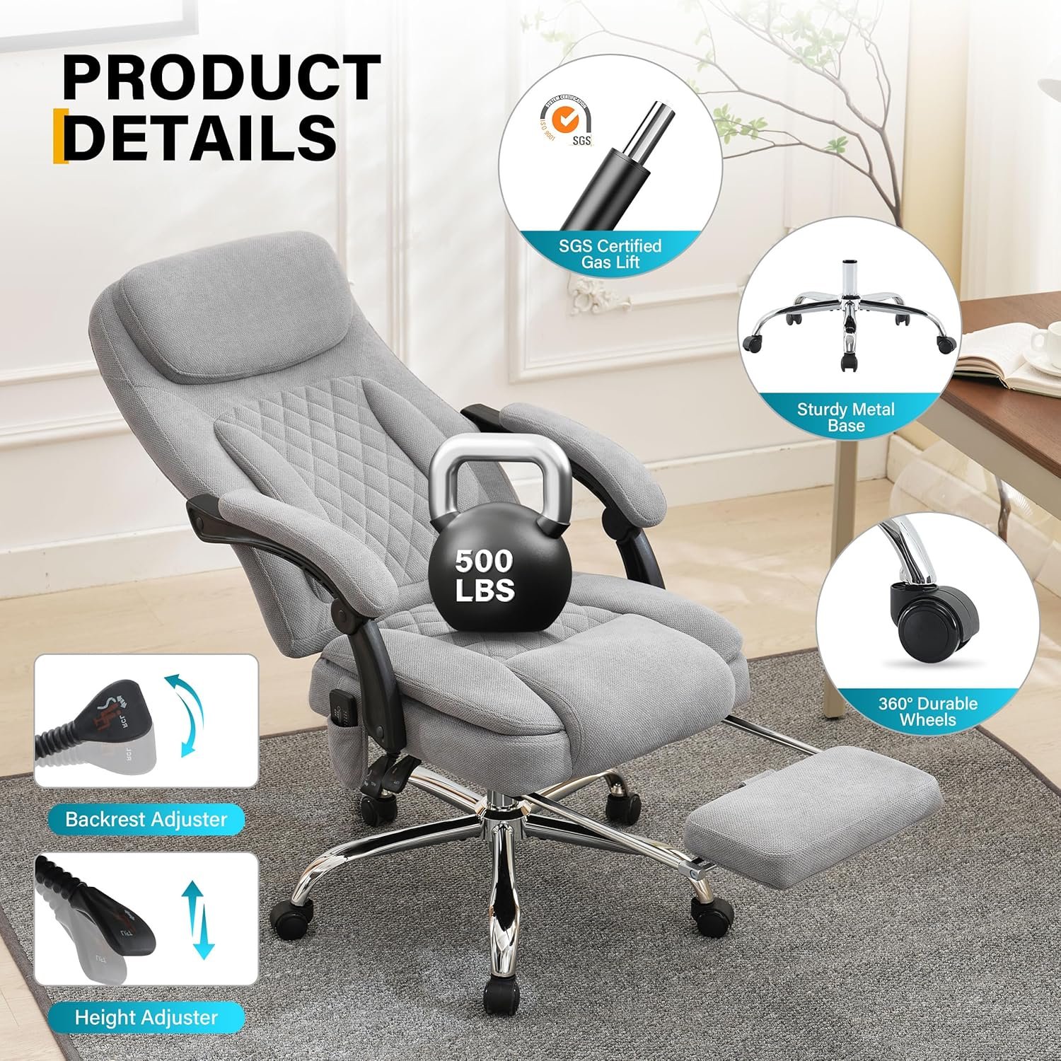 6-Point Massage Office Chair with Heated, Ergonomic Desk Chairs with Footrest 135°Reclining High Back, Big and Tall Executive Offices Chair 500LBS, Thick Cushion Gaming Chair for Home Office, Black